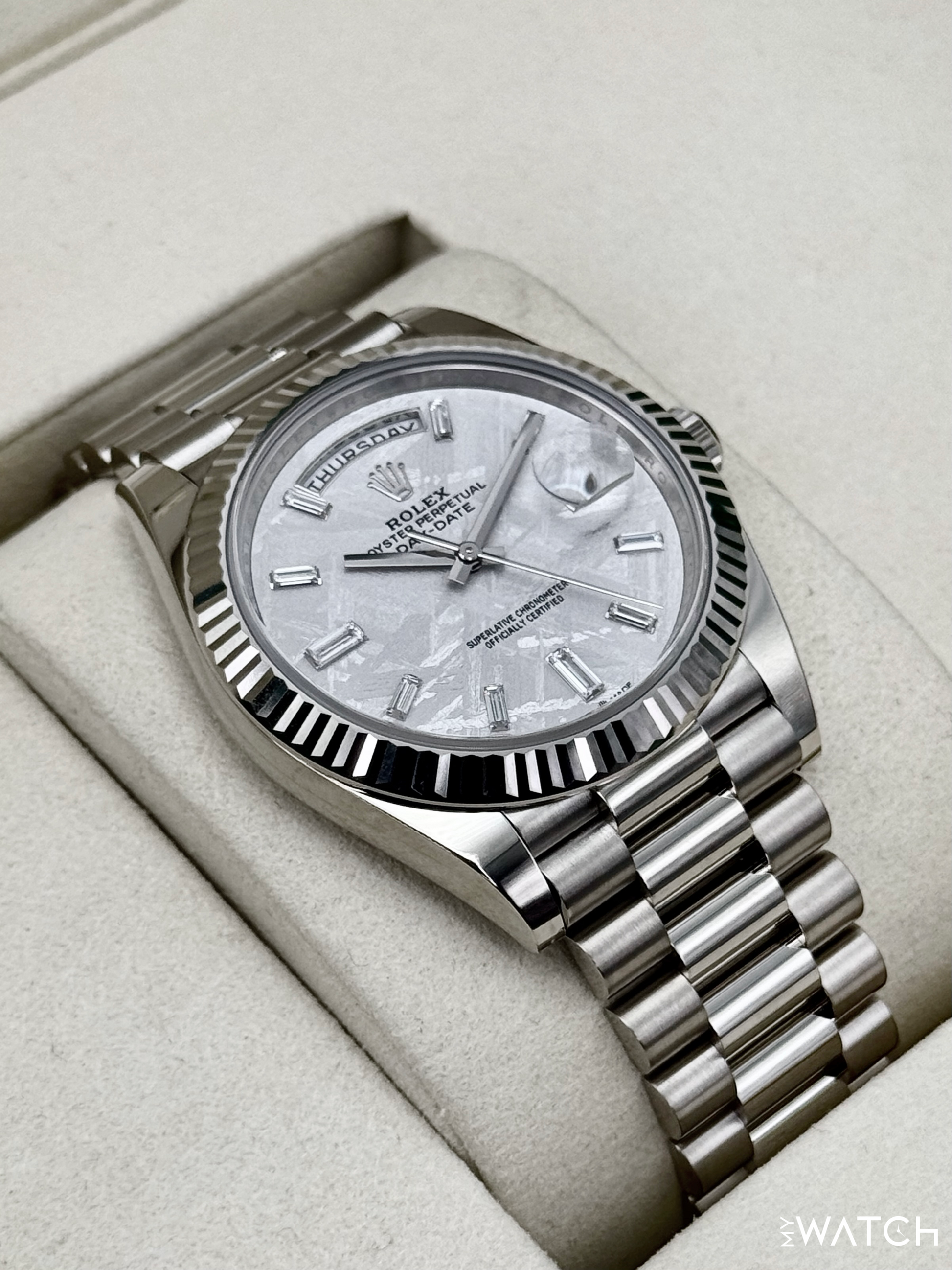 NEW 2026 Rolex Day-Date 40mm 228239 Presidential White Gold Meteorite Diamond Dial - MyWatchLLC