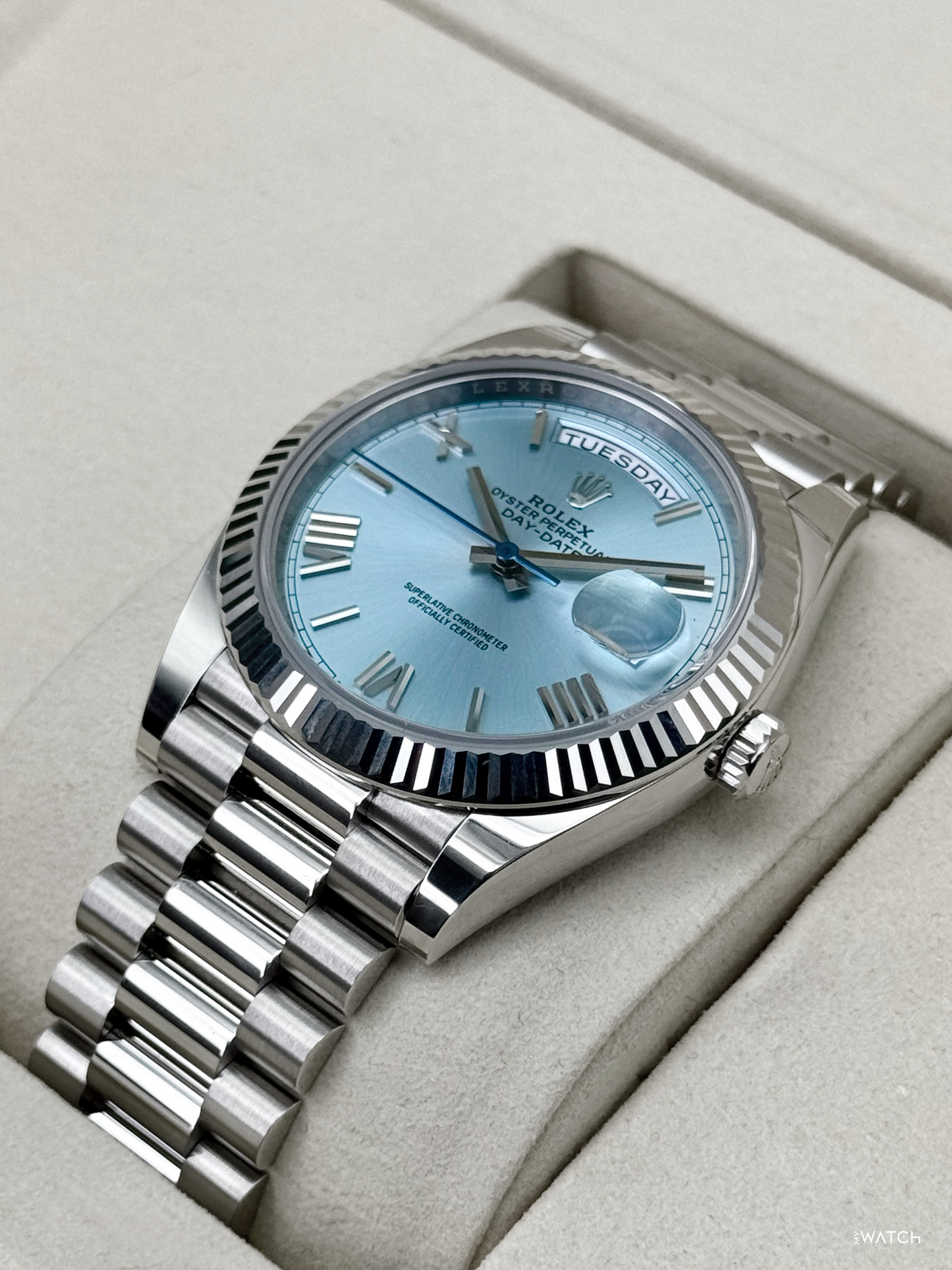 NEW 2026 Rolex Day-Date Platinum 40mm 228236 Ice Blue Roman Dial - MyWatchLLC