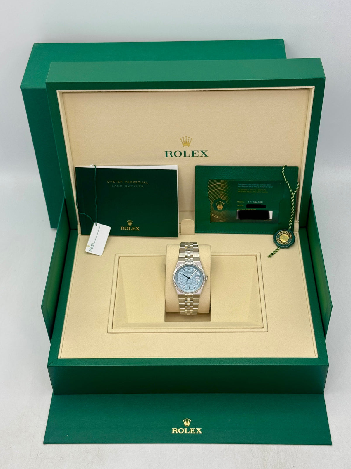 NEW 2026 Rolex Land-Dweller 36mm 127286TBR Platinum Ice Blue Honeycomb Motif Diamond Dial