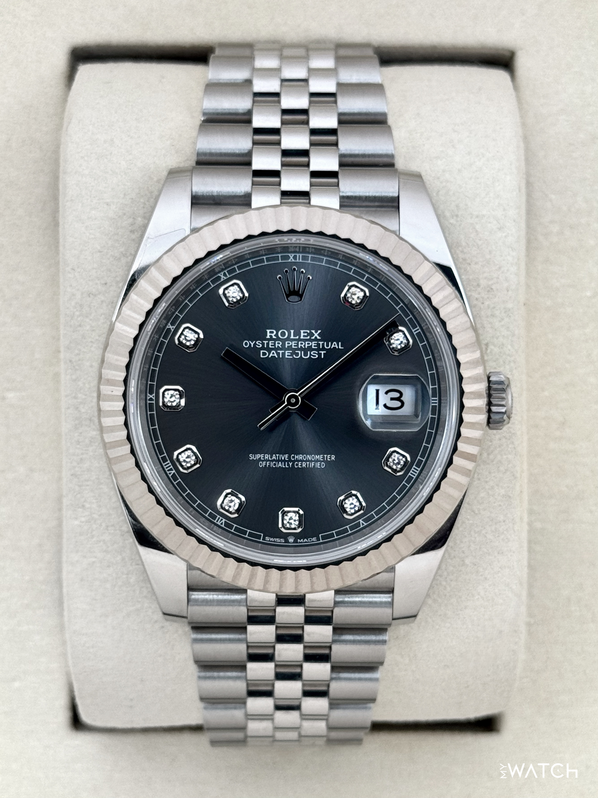 2025 Rolex Datejust 41mm 126334 Stainless Steel Jubilee Rhodium Diamond Dial - MyWatchLLC