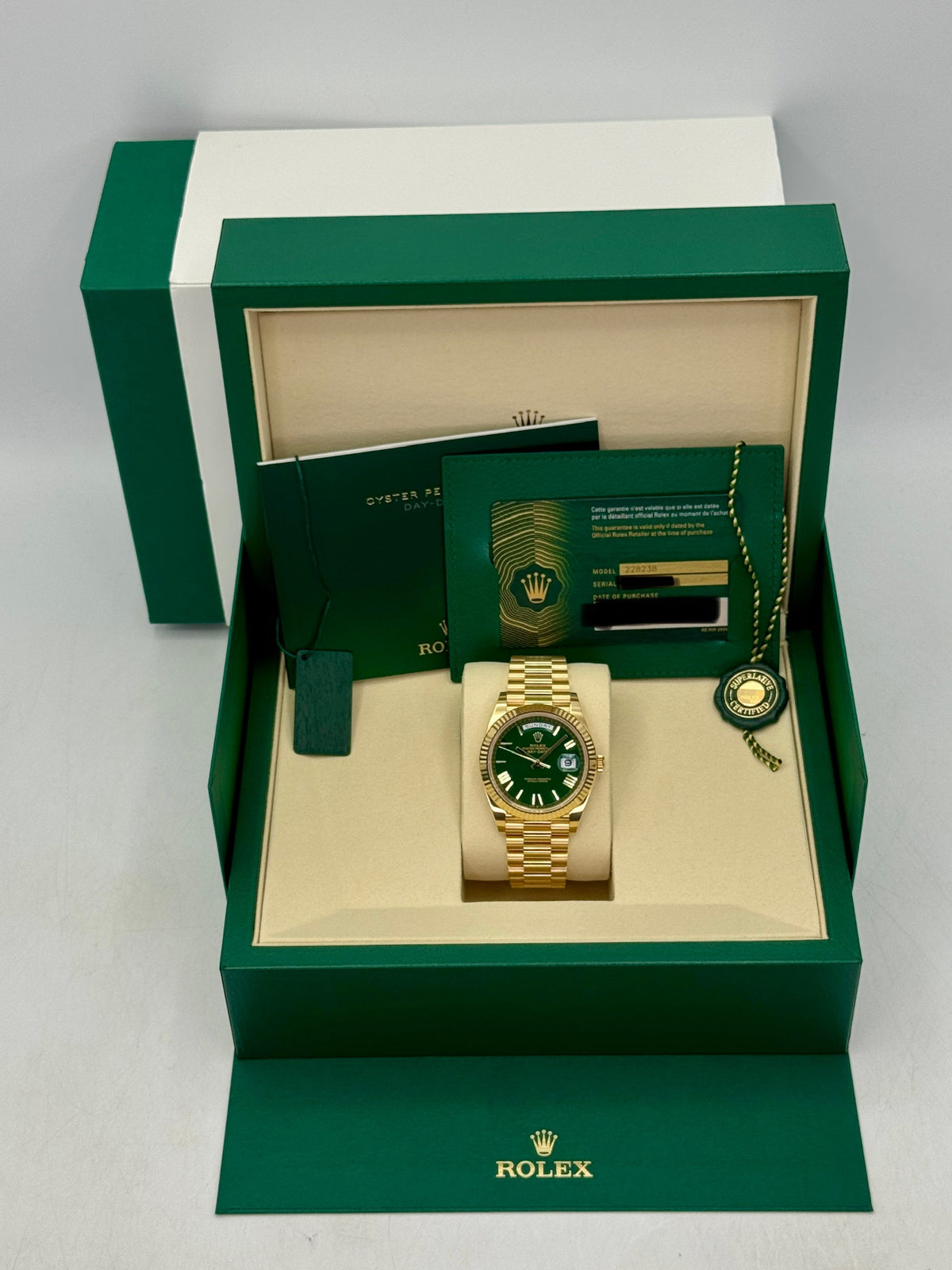 NEW 2026 Rolex Day-Date 40mm 228238 Presidential Green Dial (NEW STYLE CARD)