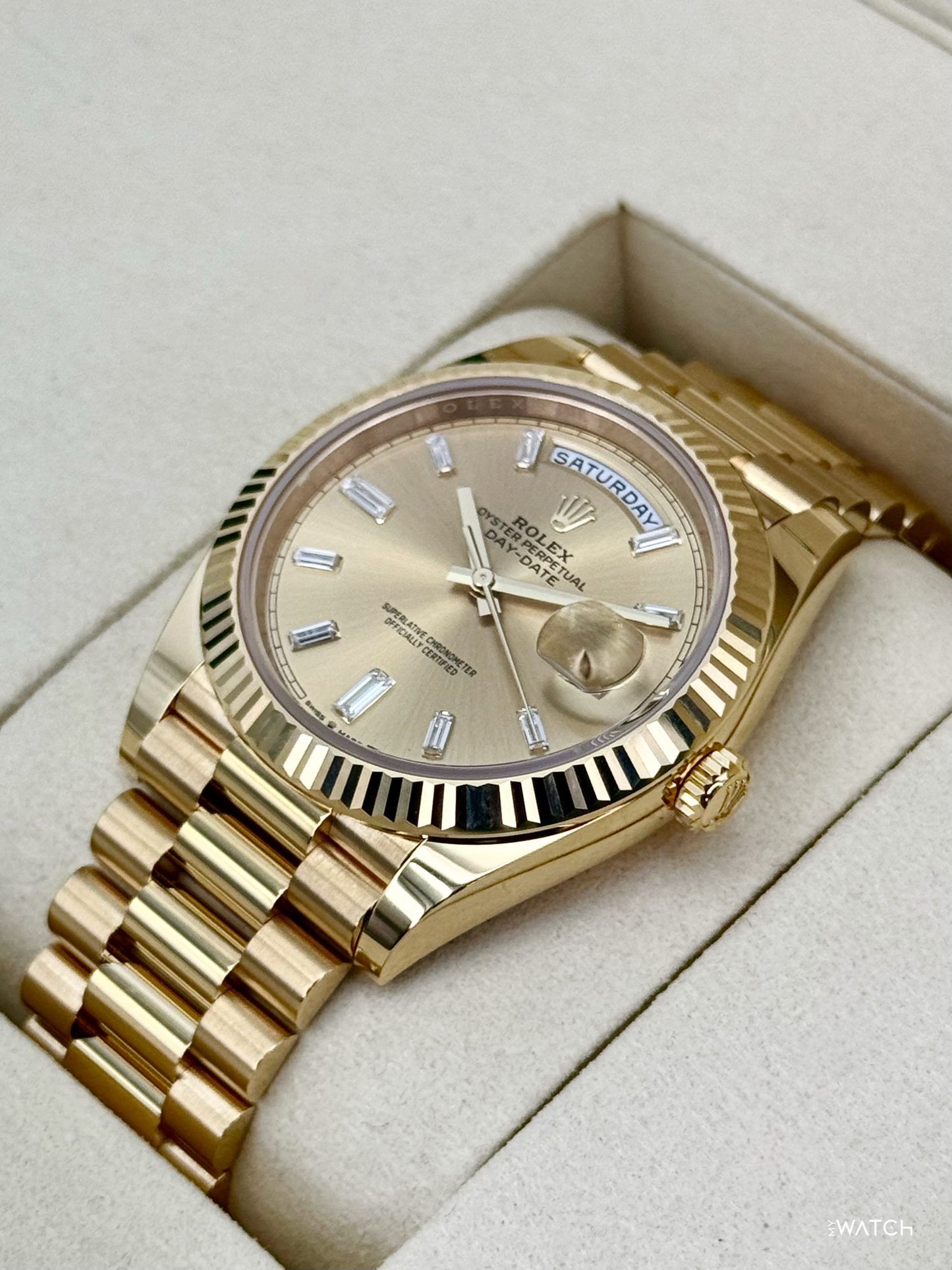 NEW 2026 Rolex Day-Date 40mm 228238 Champagne Diamond Baguette Dial - MyWatchLLC
