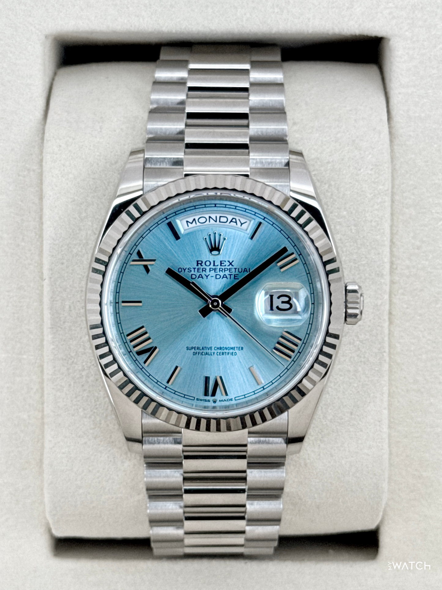 NEW 2026 Rolex Day-Date Platinum 36mm 128236 Ice Blue Roman Dial - MyWatchLLC