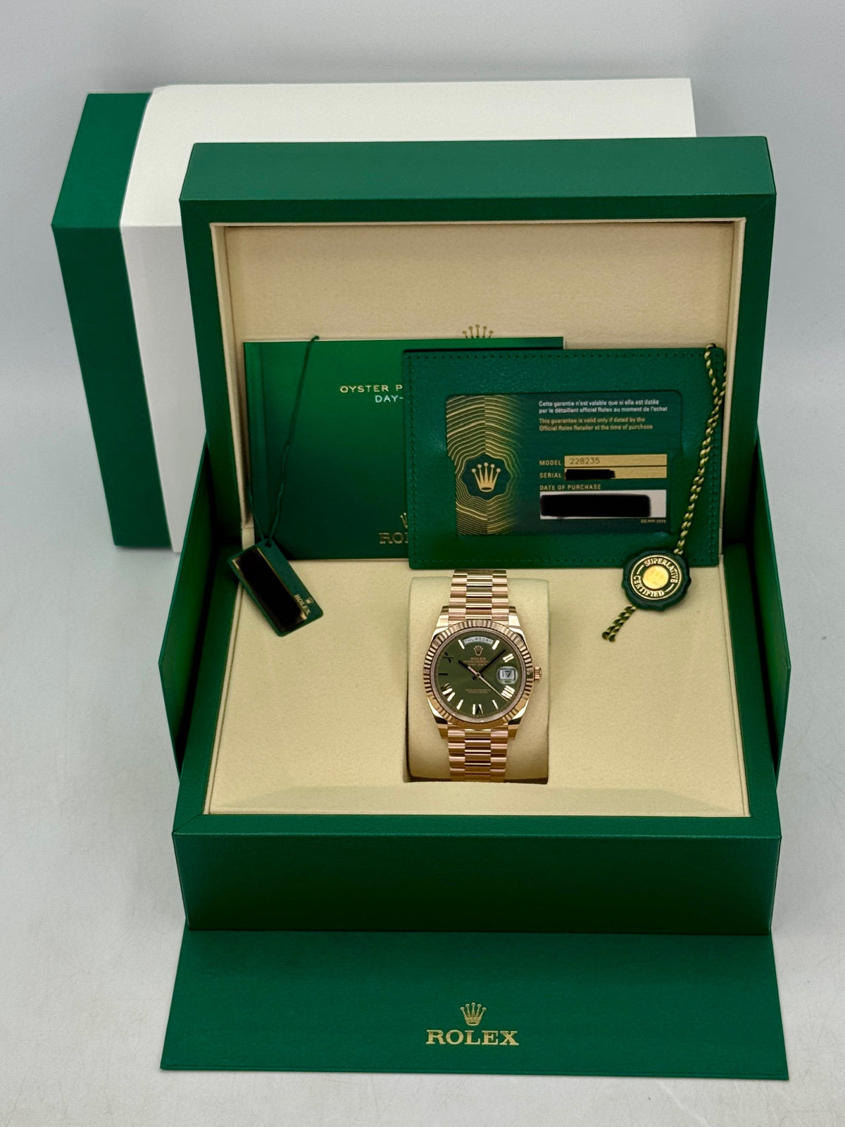 NEW 2026 Rolex Day-Date 40mm 228235 Presidential Rose Gold Olive Green Dial (NEW STYLE CARD)