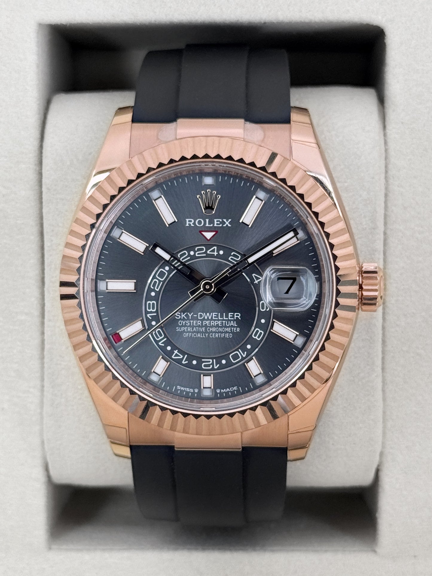 NEW 2026 Rolex Sky-Dweller 42mm 336235 Rose Gold Oysterflex Rhodium Dial - STICKERED