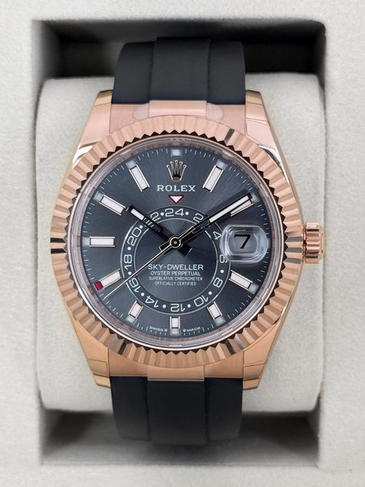 NEW 2026 Rolex Sky-Dweller 42mm 336235 Rose Gold Oysterflex Rhodium Dial - STICKERED