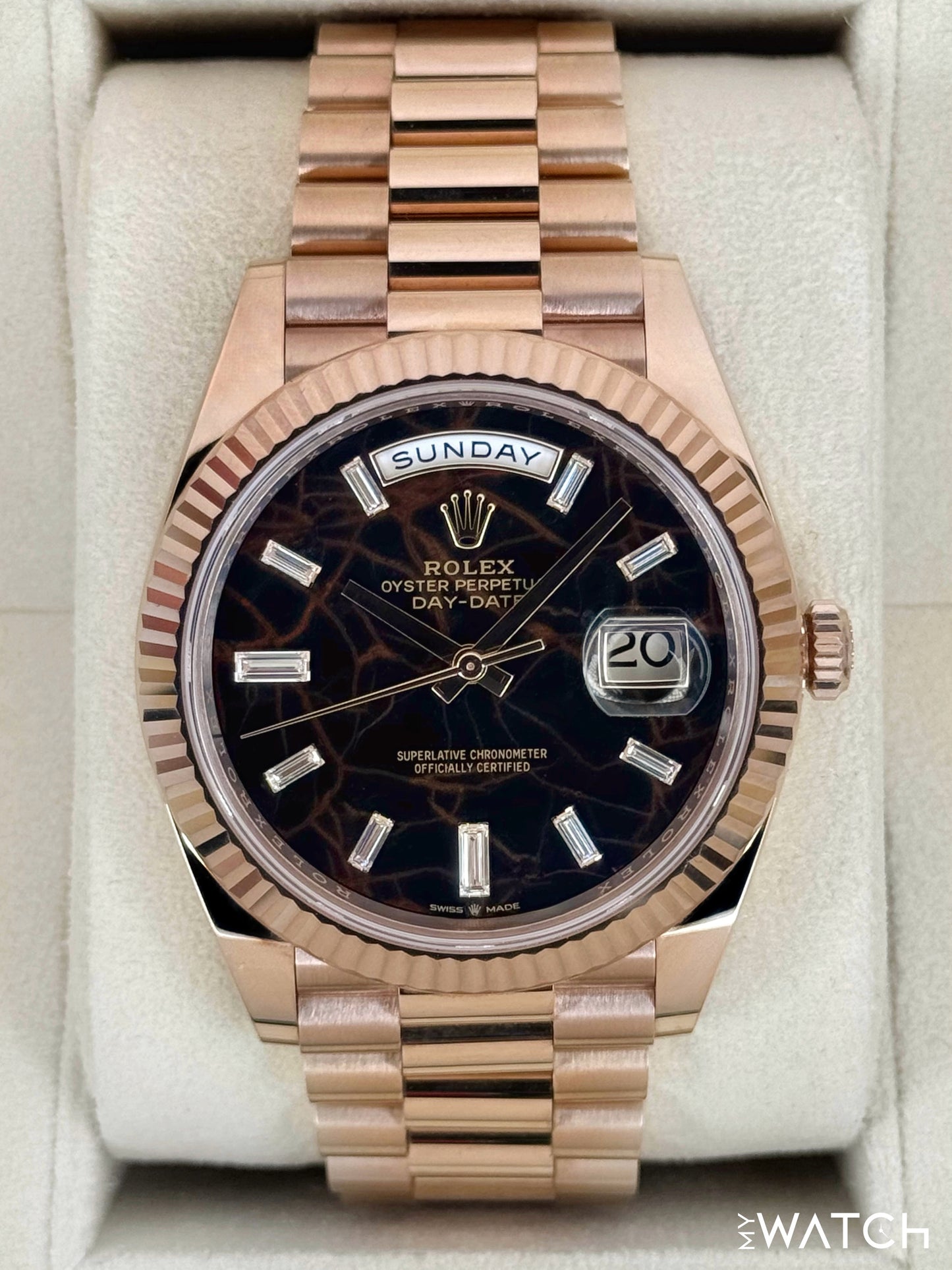 2023 Rolex Day-Date 40mm 228235 Rose Gold Eisenkiesal Baguette Dial