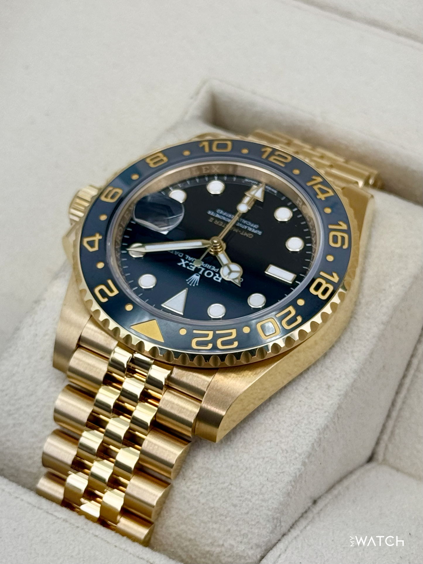 2023 Rolex GMT-Master II 40mm 126718GRNR Yellow Gold Jubilee Black Dial - MyWatchLLC