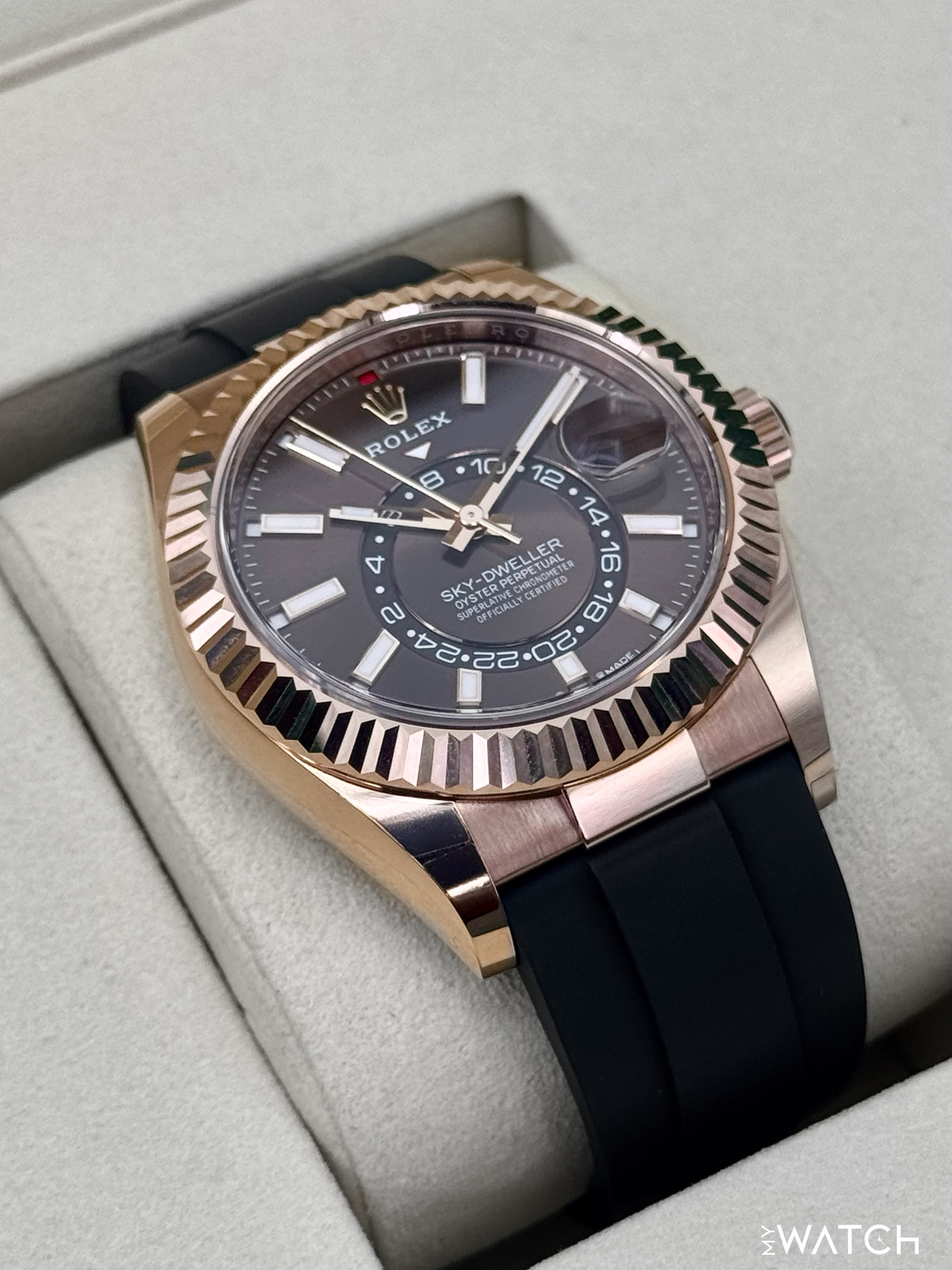 2025 Rolex Sky-Dweller 42mm 336235 Rose Gold Oysterflex Chocolate Dial - MyWatchLLC