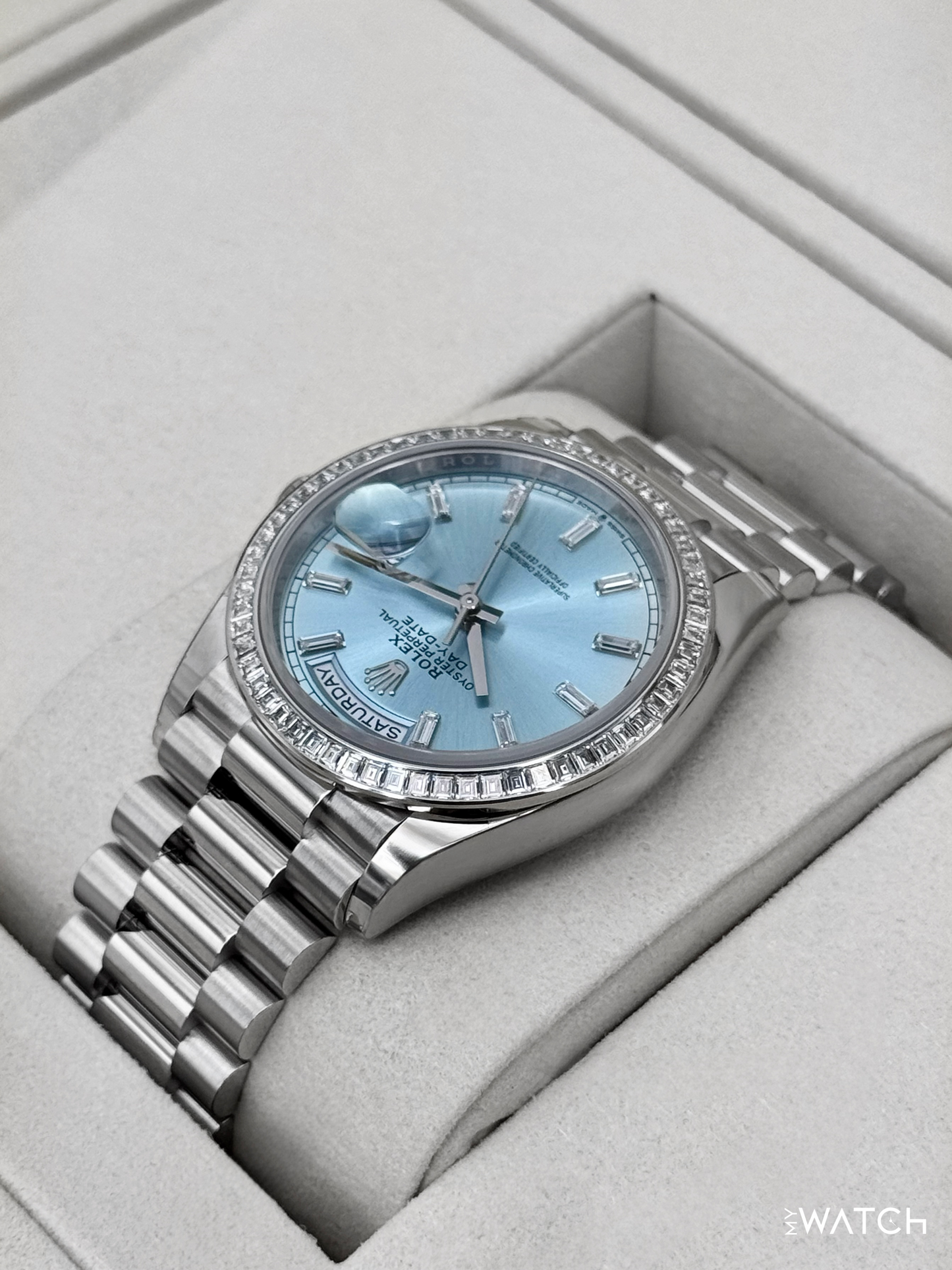 NEW 2025 Rolex Day-Date 36mm 128396TBR Ice Blue Diamond Baguette Dial