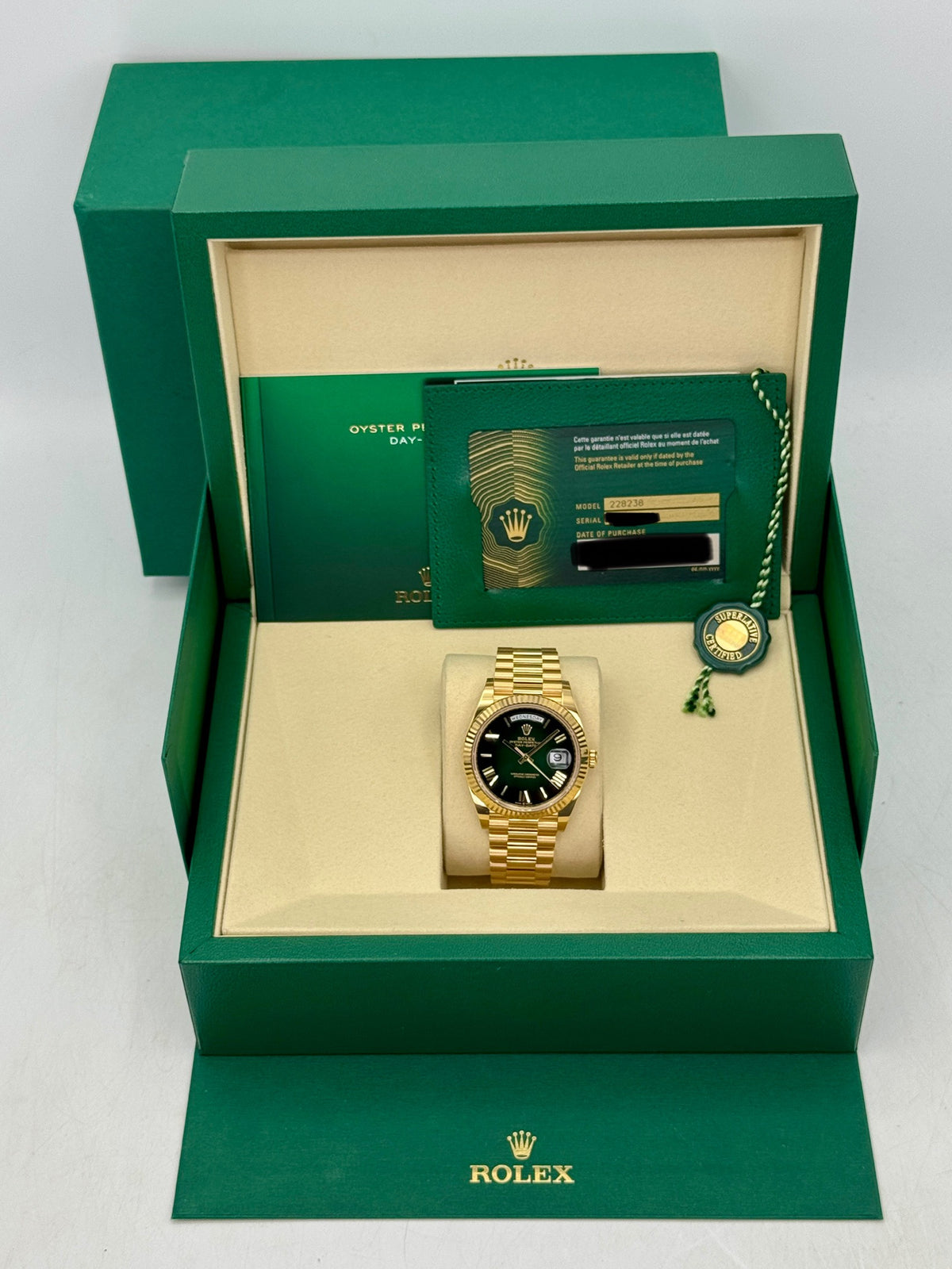NEW 2026 Rolex Day-Date 40mm 228238 Presidential Green Ombre Dial (NEW STYLE CARD)