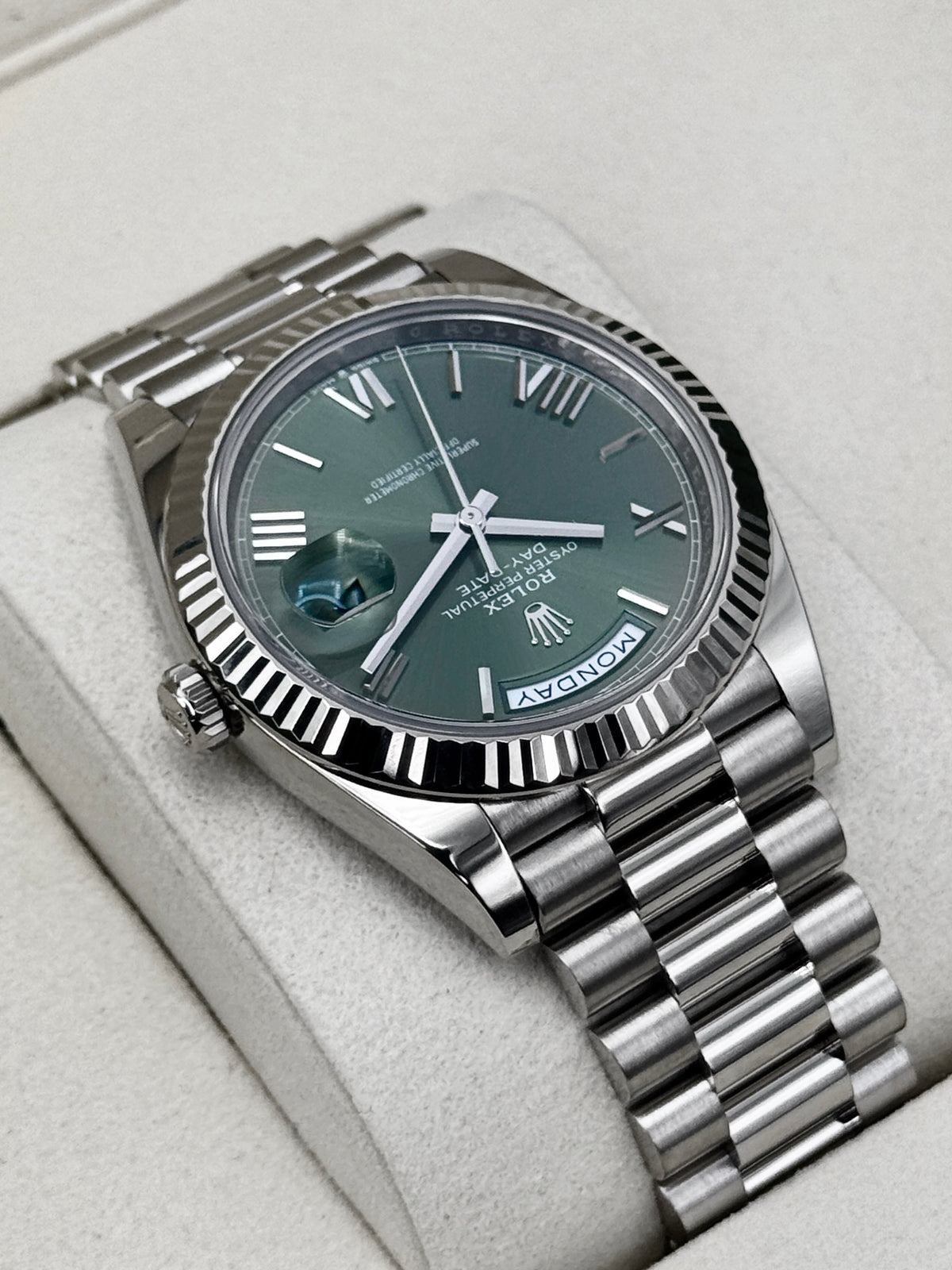 2025 Rolex Day-Date 40mm 228239 Presidential White Gold Olive Dial