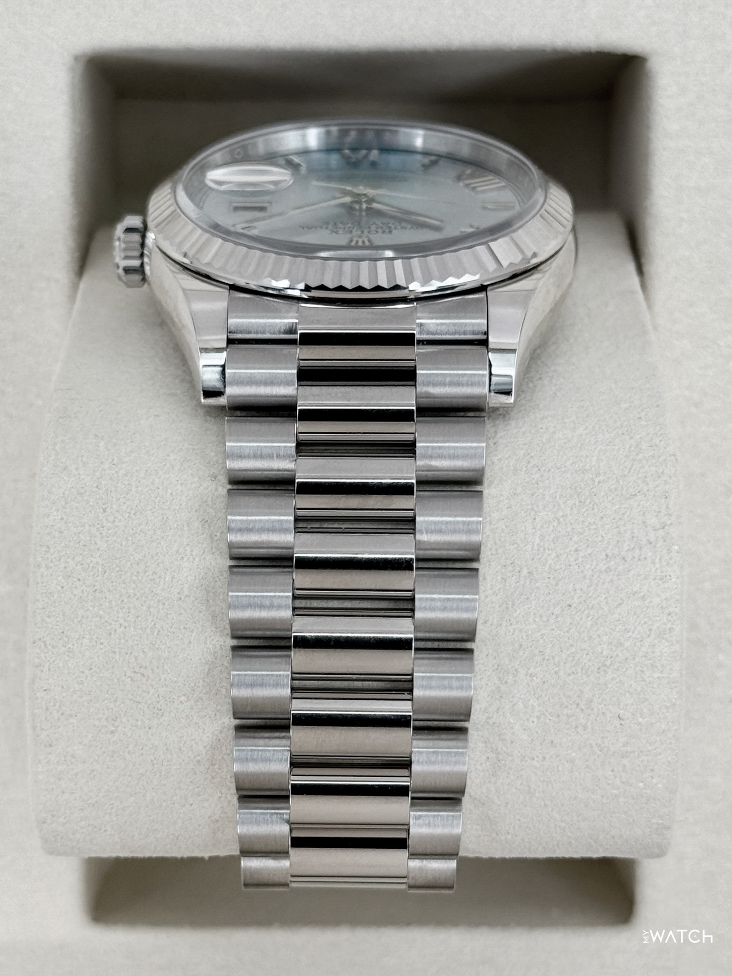 NEW 2026 Rolex Day-Date Platinum 36mm 128236 Ice Blue Roman Dial - MyWatchLLC