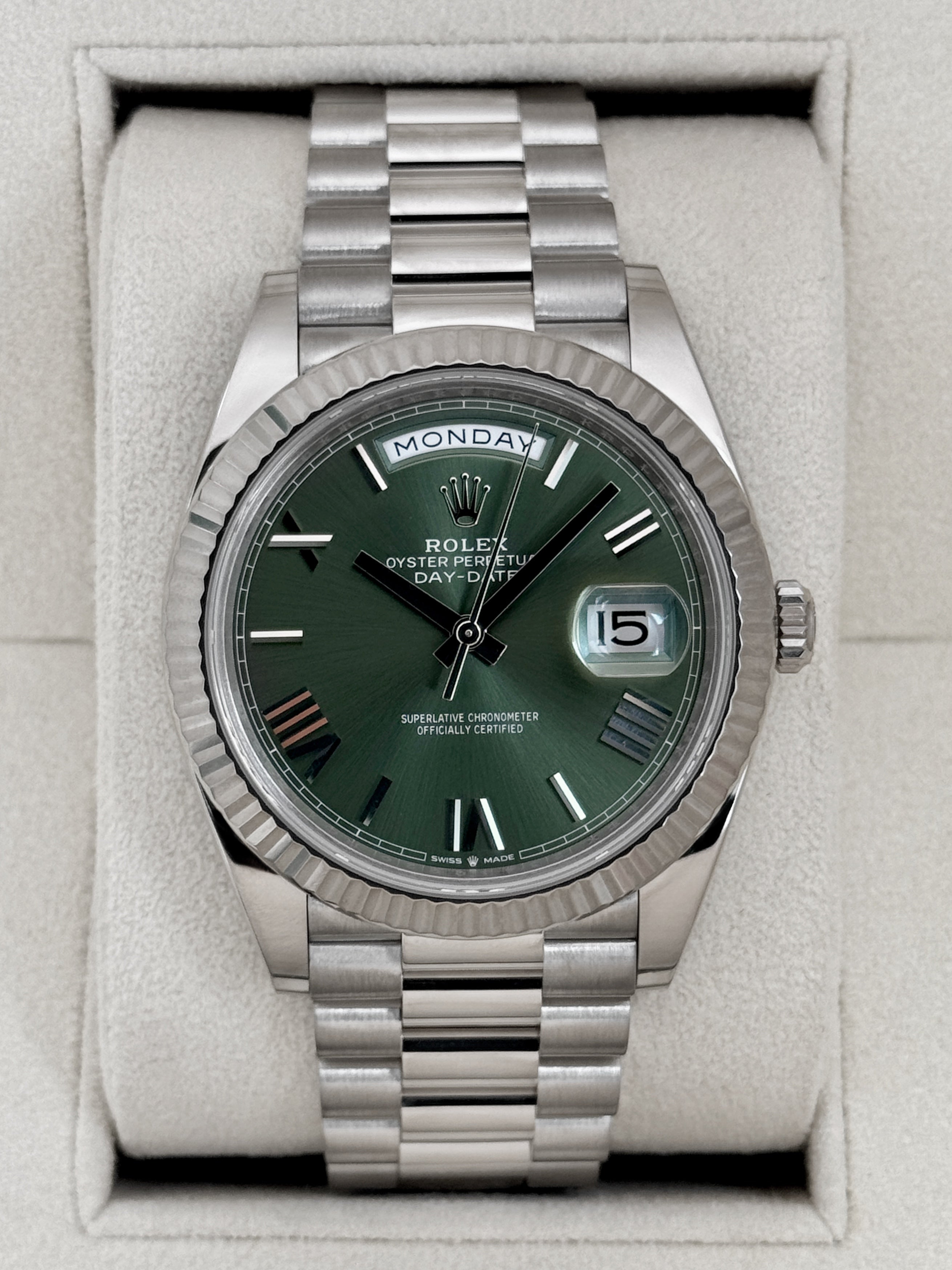 2025 Rolex Day-Date 40mm 228239 White Gold Olive Dial