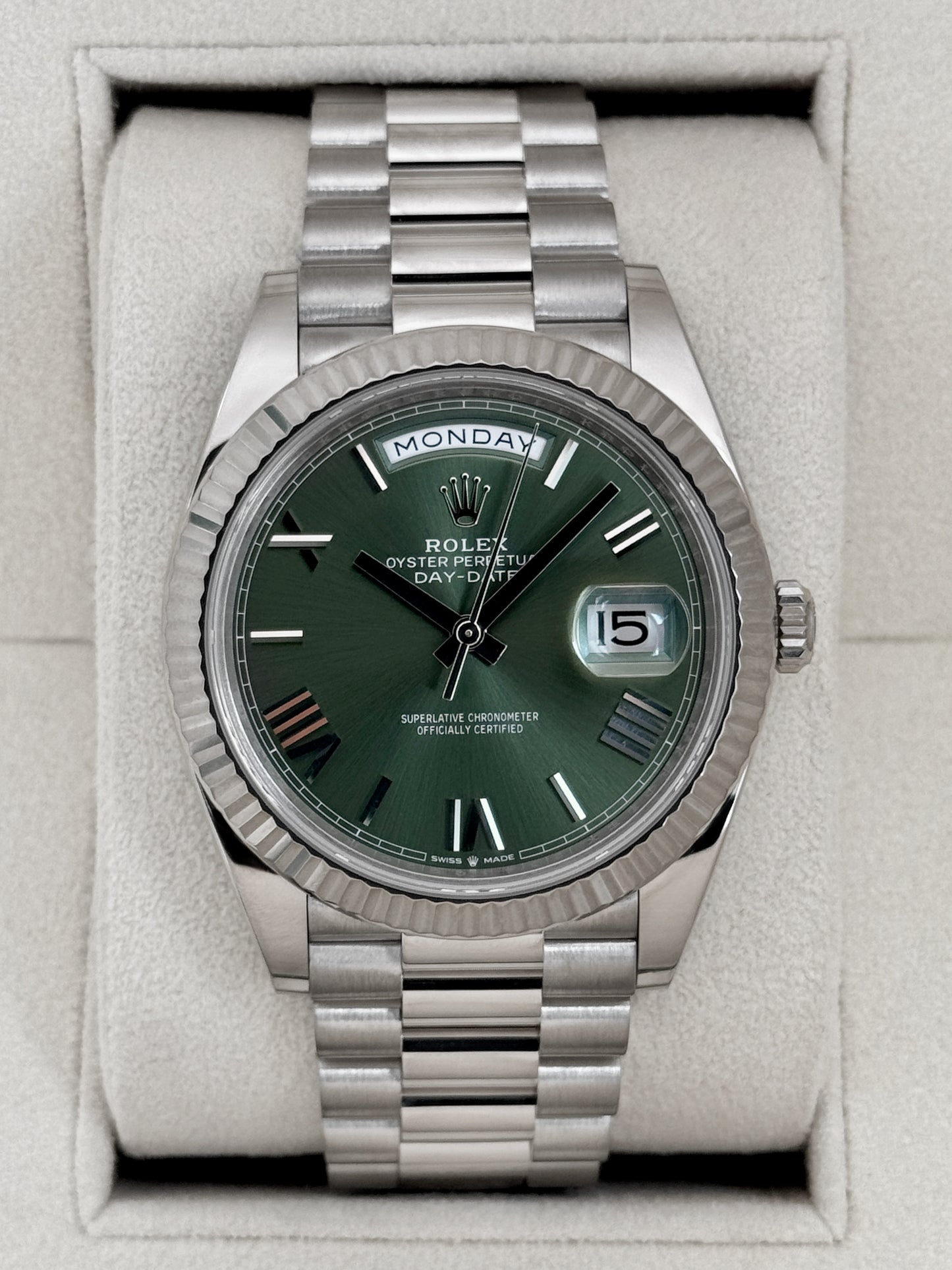 2025 Rolex Day-Date 40mm 228239 White Gold Olive Dial