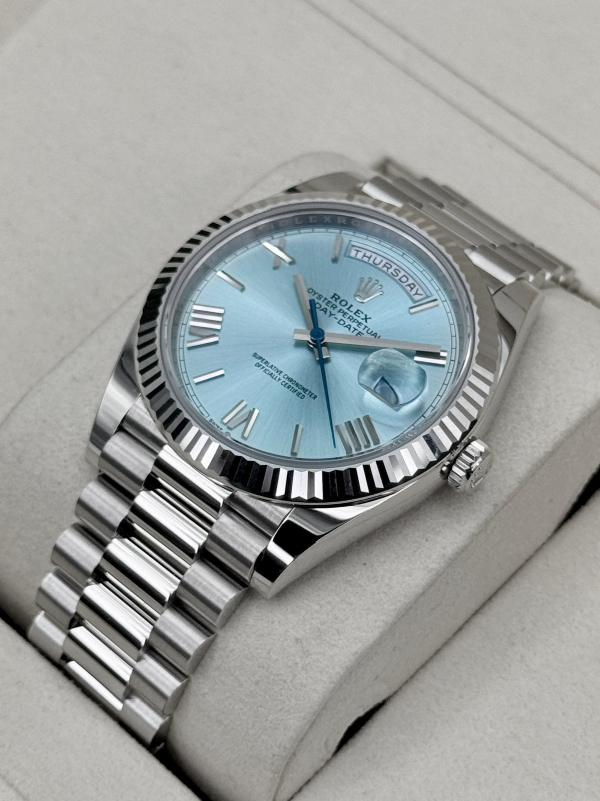 NEW 2026 Rolex Day-Date Platinum 40mm 228236 Ice Blue Roman Dial (NEW STYLE CARD)
