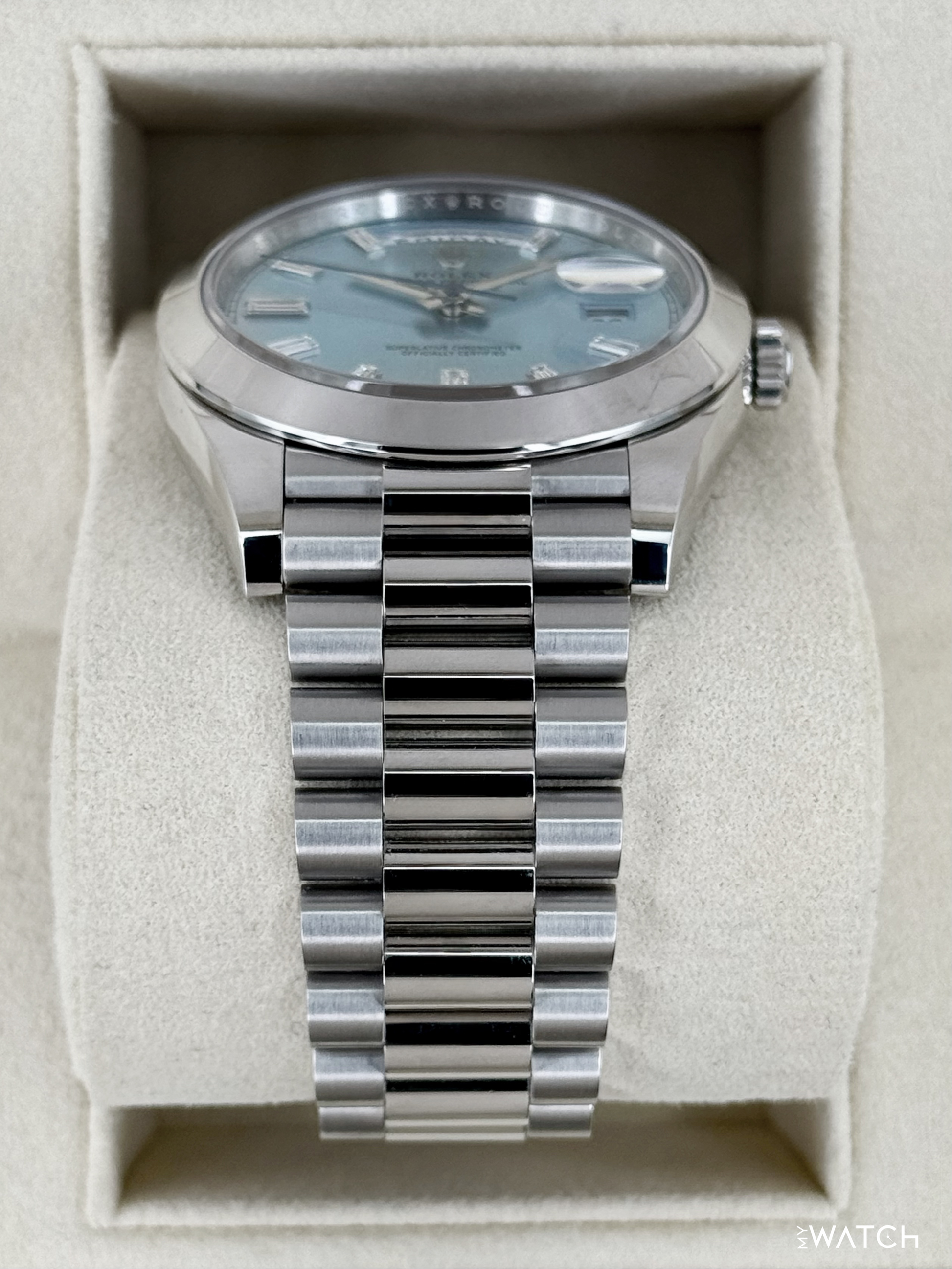 2021 Rolex Day-Date 40mm 228206 Platinum Ice Blue Diamond Dial - MyWatchLLC