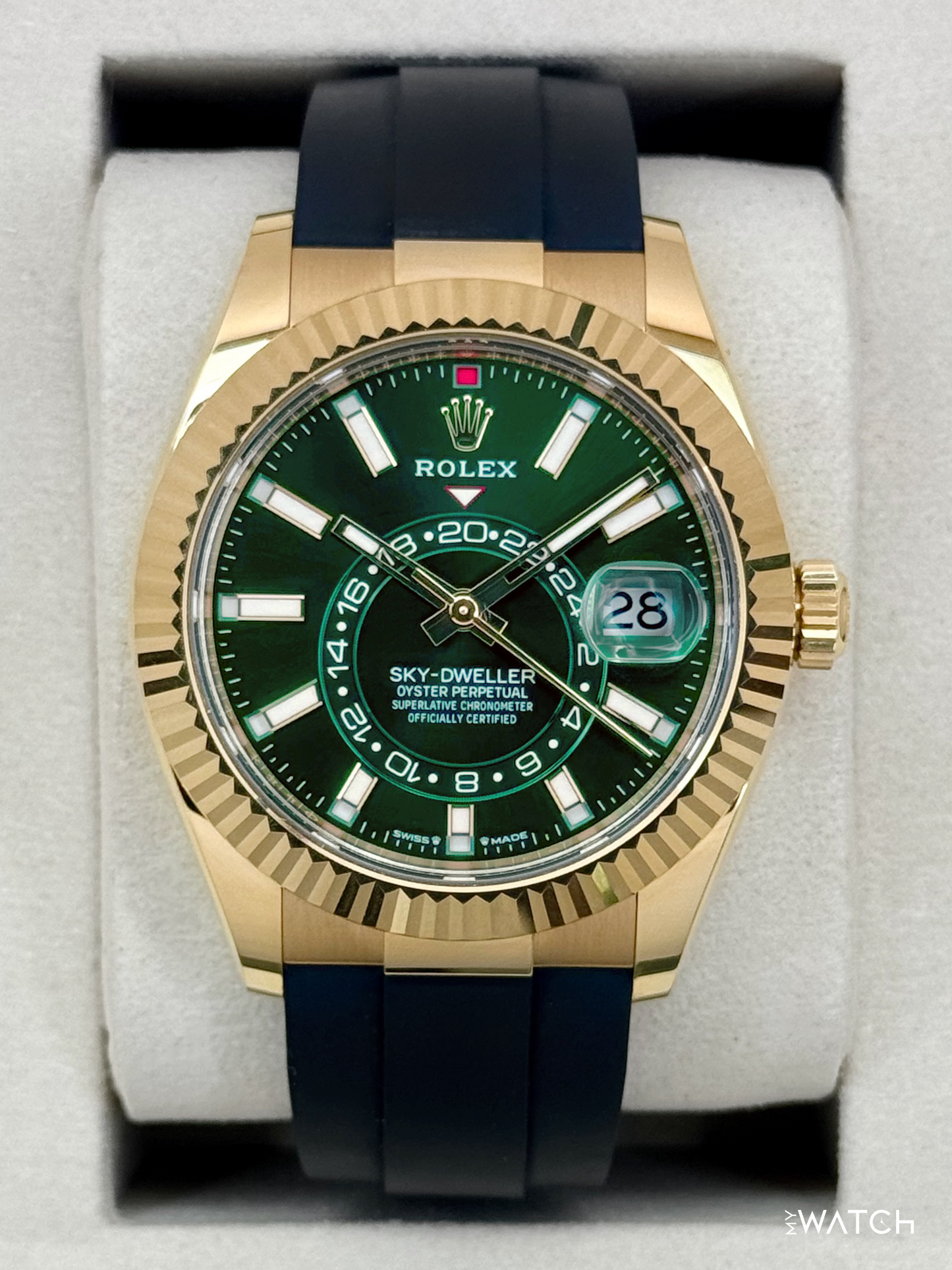 2025 Rolex Sky-Dweller 42mm 336238 Yellow Gold Oysterflex Green Dial - MyWatchLLC