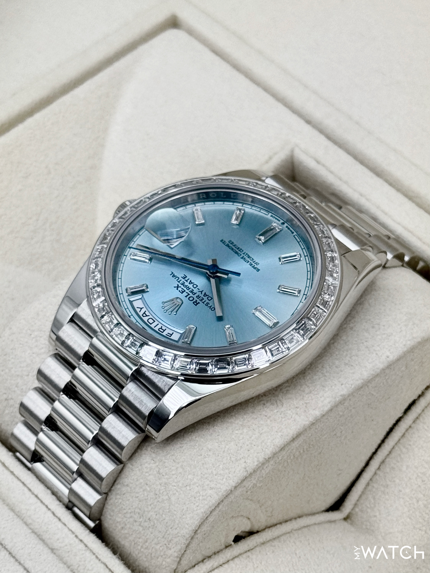 2022 Rolex Day-Date 40mm 228396TBR Ice Blue Diamond Baguette Dial