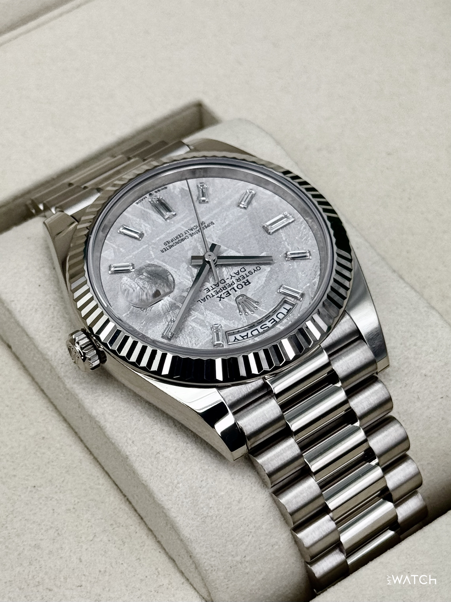 NEW 2026 Rolex Day-Date 40mm 228239 Presidential White Gold Meteorite Diamond Dial - MyWatchLLC