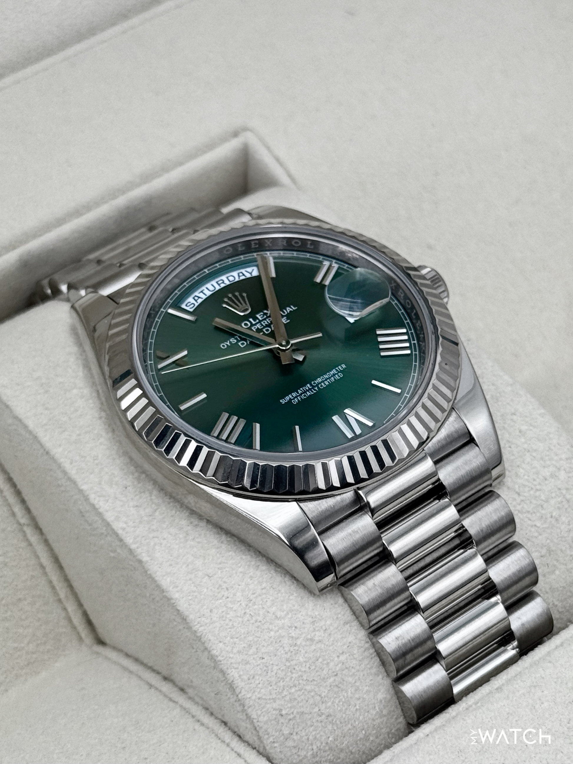 2022 Rolex Day-Date 40mm 228239 Presidential 18kt White Gold Olive Dial - MyWatchLLC