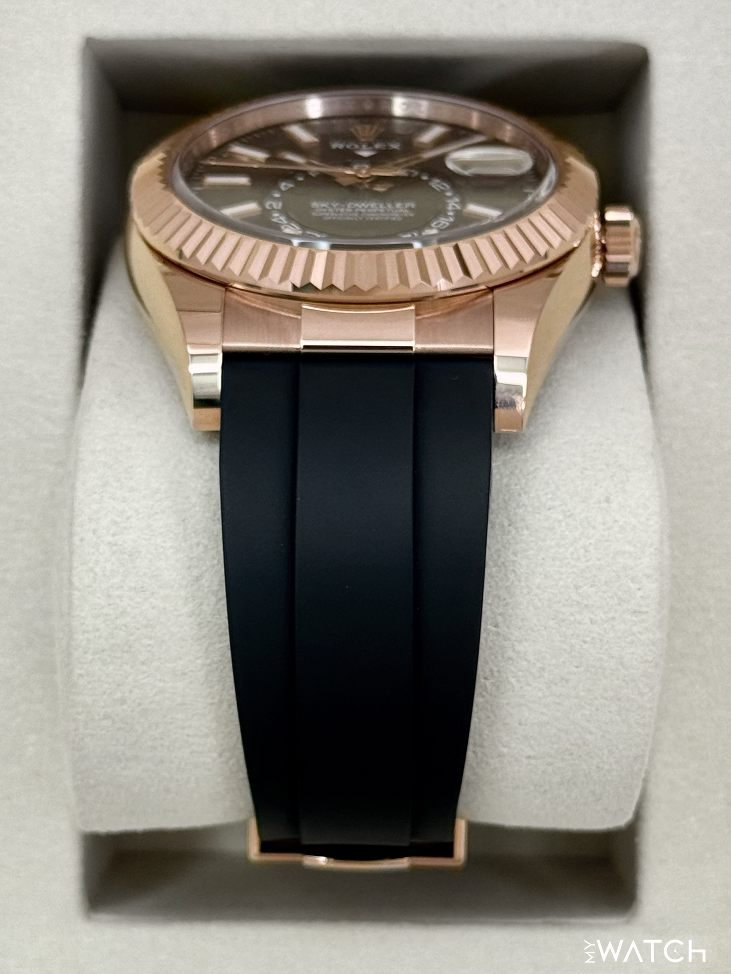 2025 Rolex Sky-Dweller 42mm 336235 Rose Gold Oysterflex Chocolate Dial - MyWatchLLC