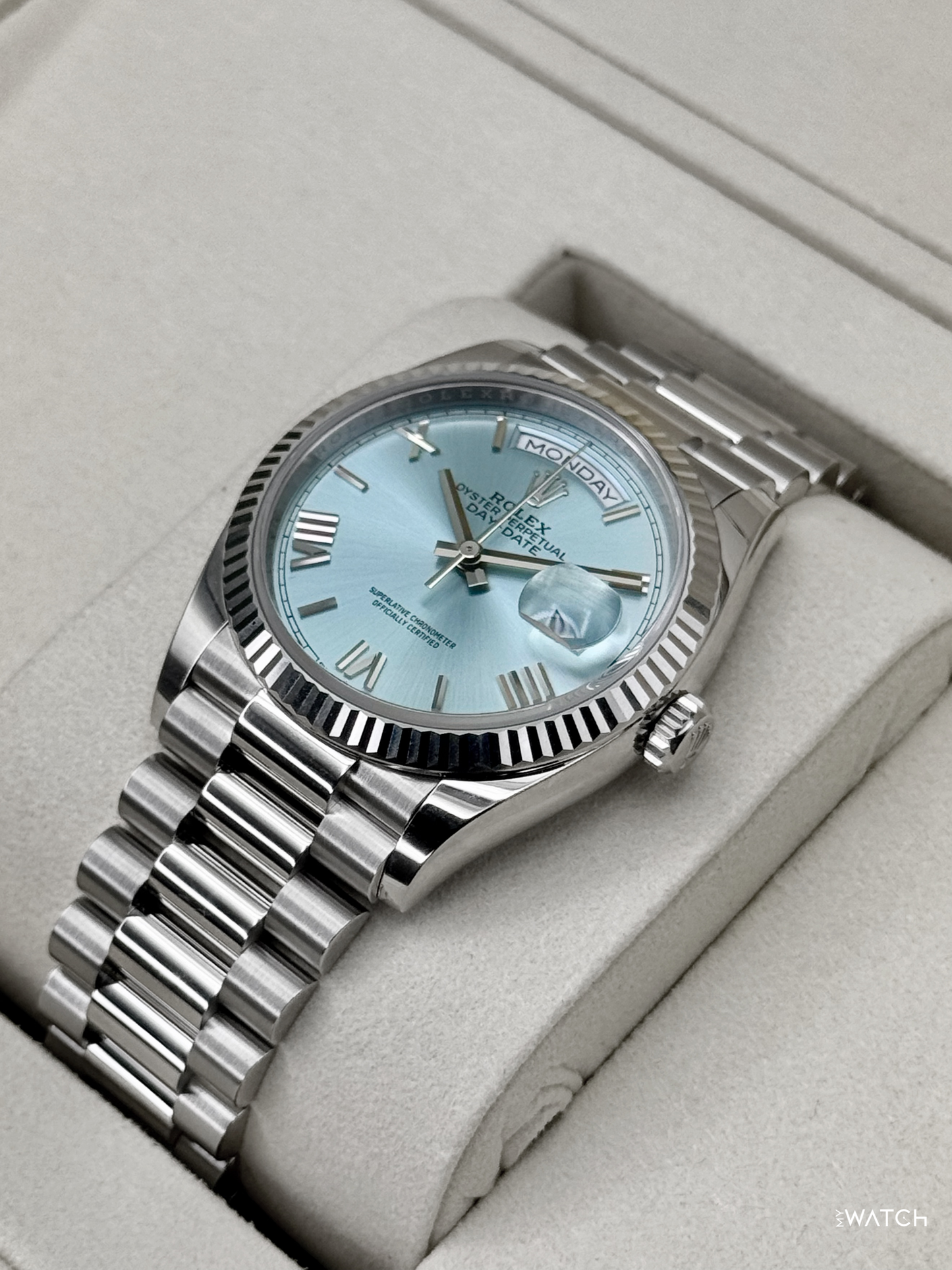 NEW 2026 Rolex Day-Date Platinum 36mm 128236 Ice Blue Roman Dial - MyWatchLLC