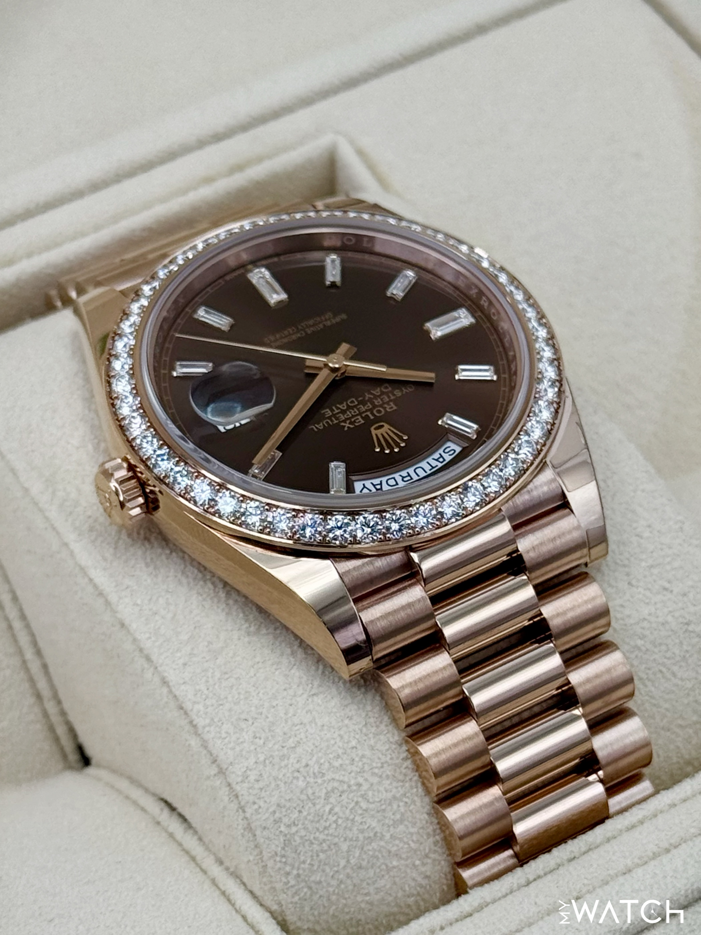 2022 Rolex Day-Date 40mm 228345RBR Rose Gold Chocolate Diamond Dial (STICKERED)