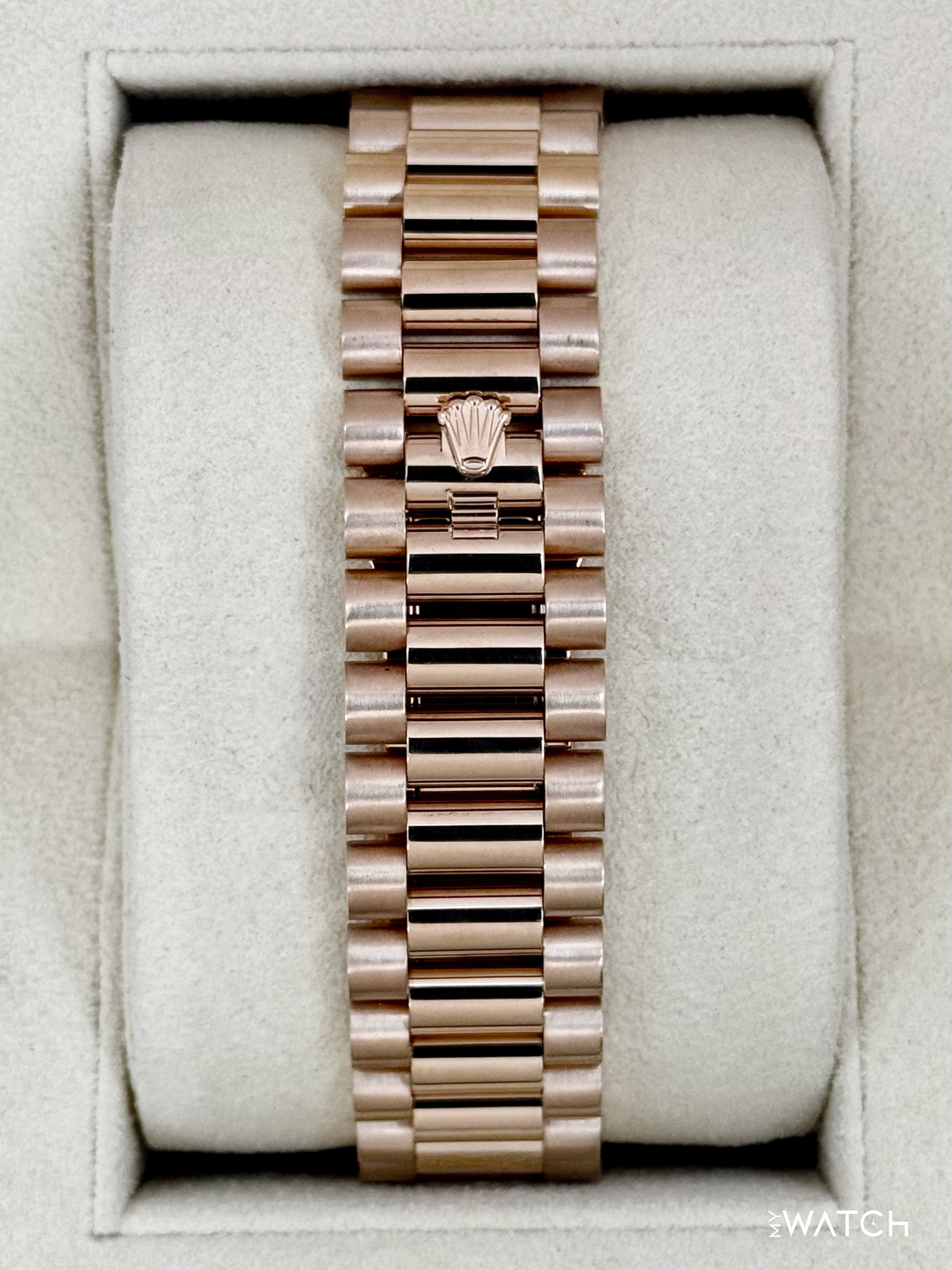 2018 Rolex Day-Date 40mm 228235 Presidential Rose Gold Sundust Stripe Motif Dial - MyWatchLLC