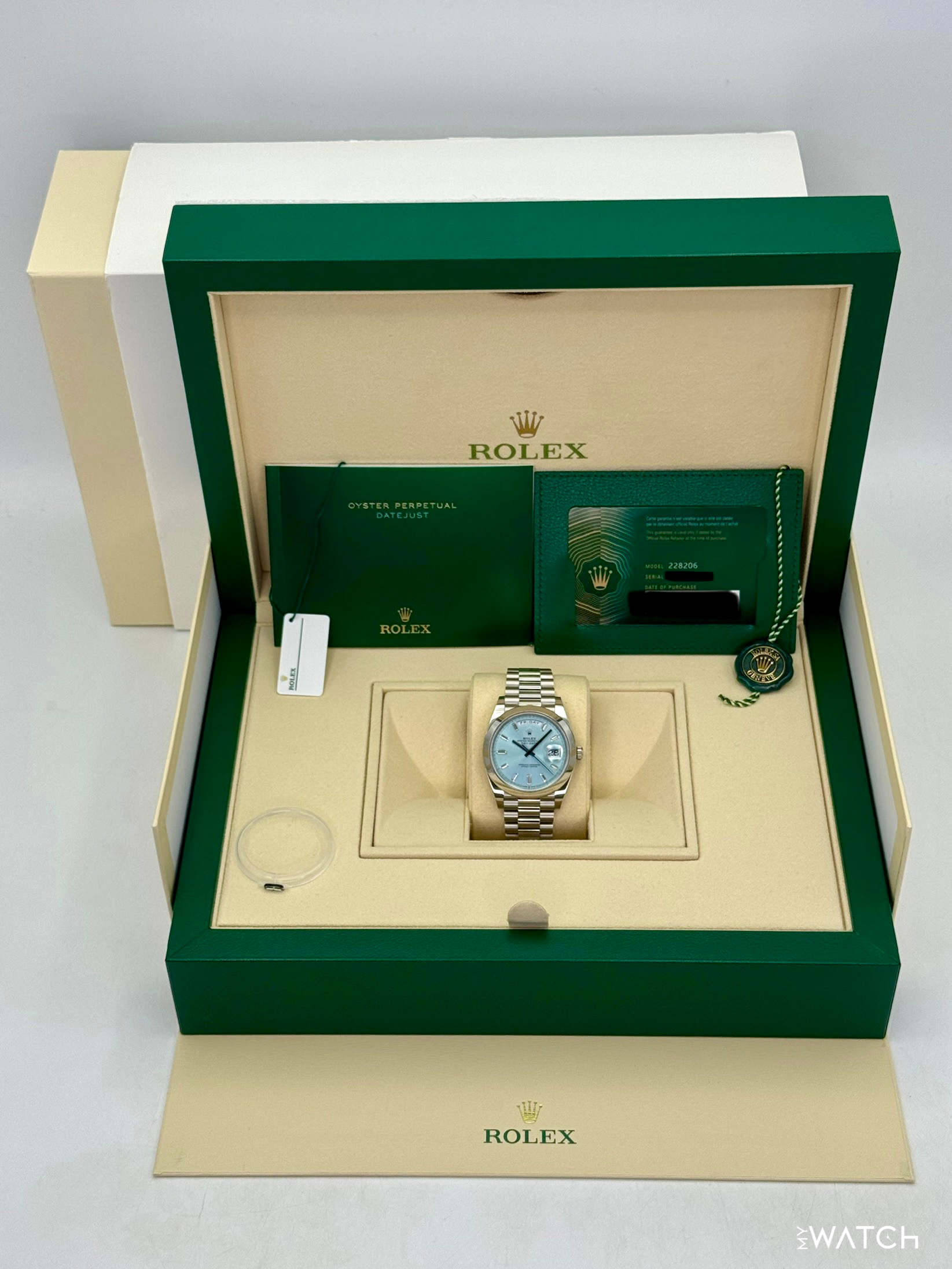 2021 Rolex Day-Date 40mm 228206 Platinum Ice Blue Diamond Dial - MyWatchLLC