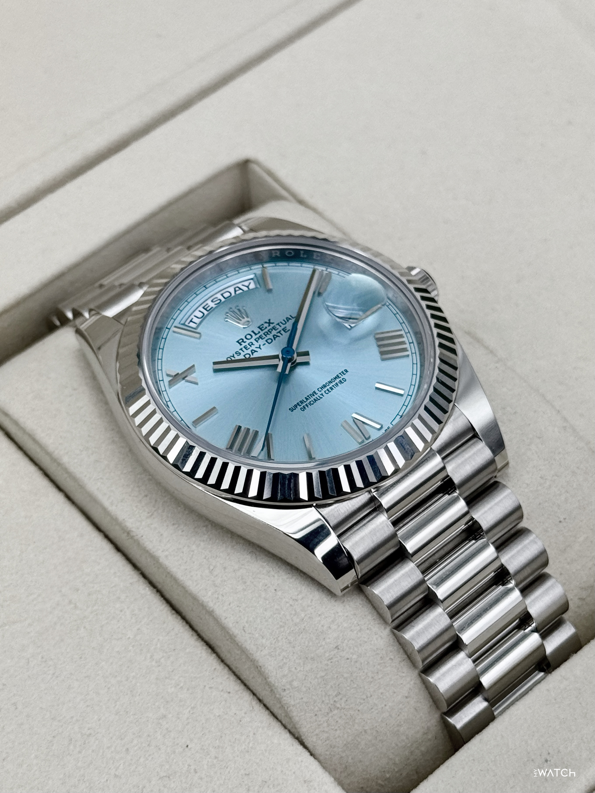 NEW 2026 Rolex Day-Date Platinum 40mm 228236 Ice Blue Roman Dial - MyWatchLLC