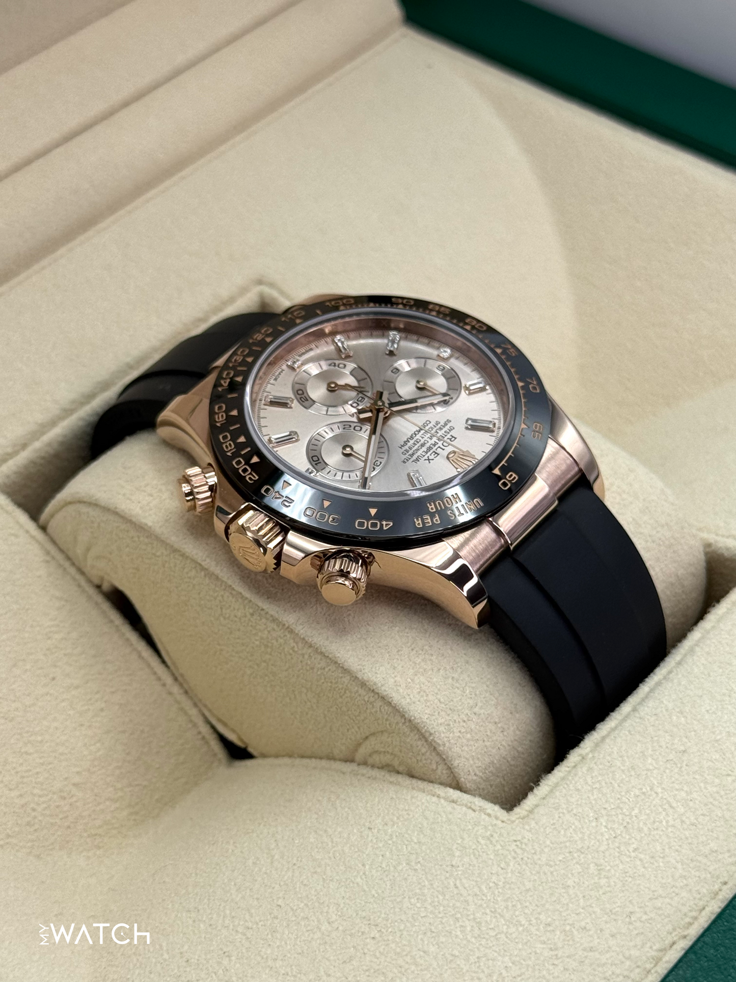 2022 Rolex Daytona 40mm 116515LN Rose Gold Oysterflex Sundust Baguette Dial
