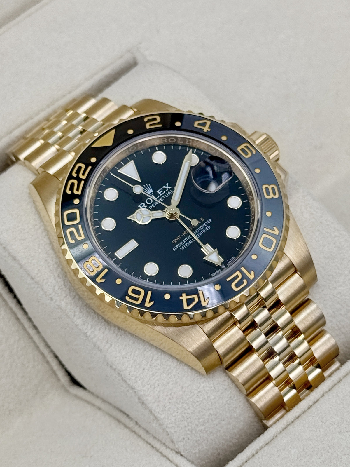 2023 Rolex GMT-Master II 40mm 126718GRNR Yellow Gold Jubilee Black Dial