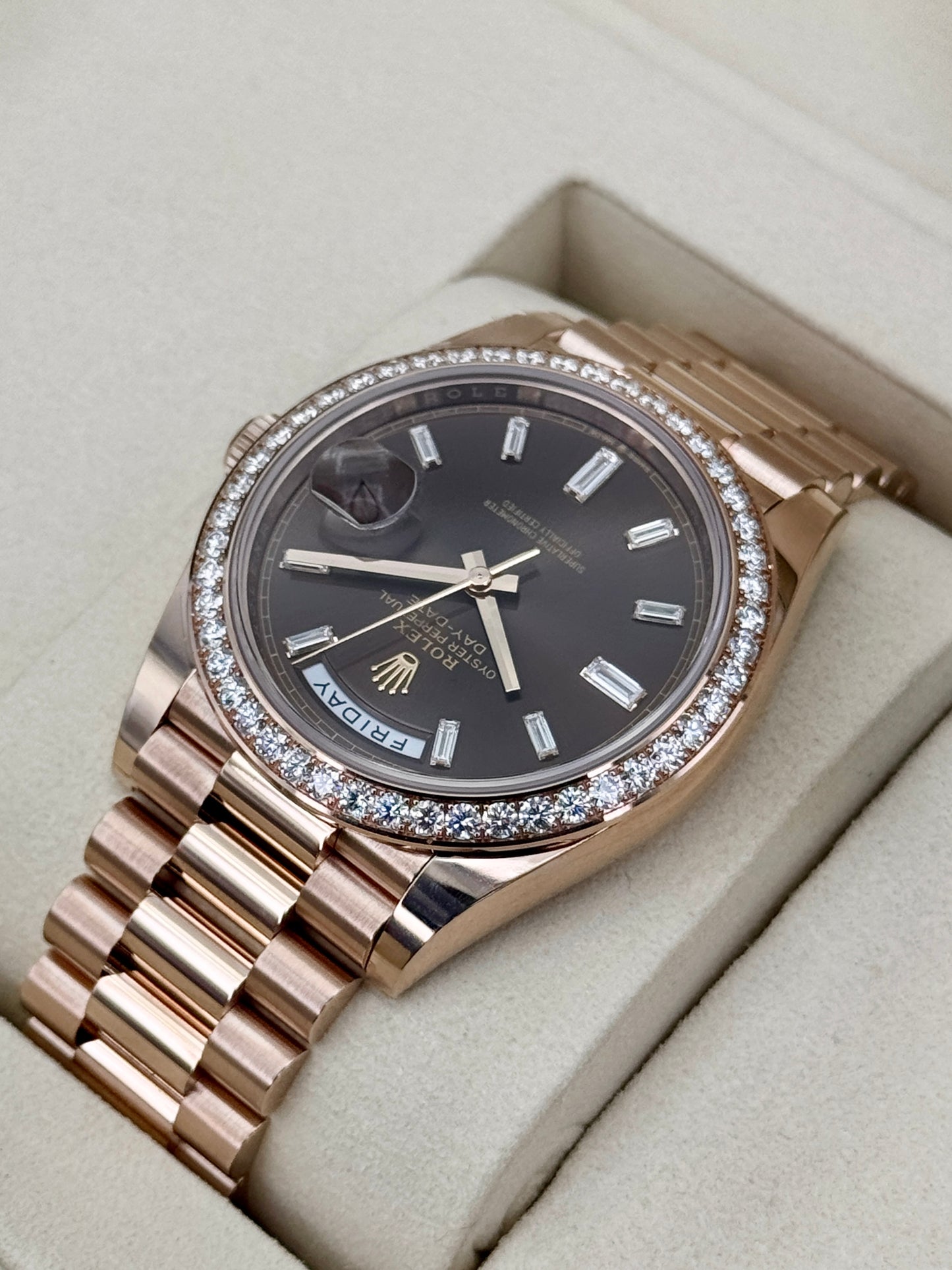 NEW 2026 Rolex Day-Date 40mm 228345RBR Rose Gold Chocolate Diamond Dial (NEW STYLE CARD and STICKERED)