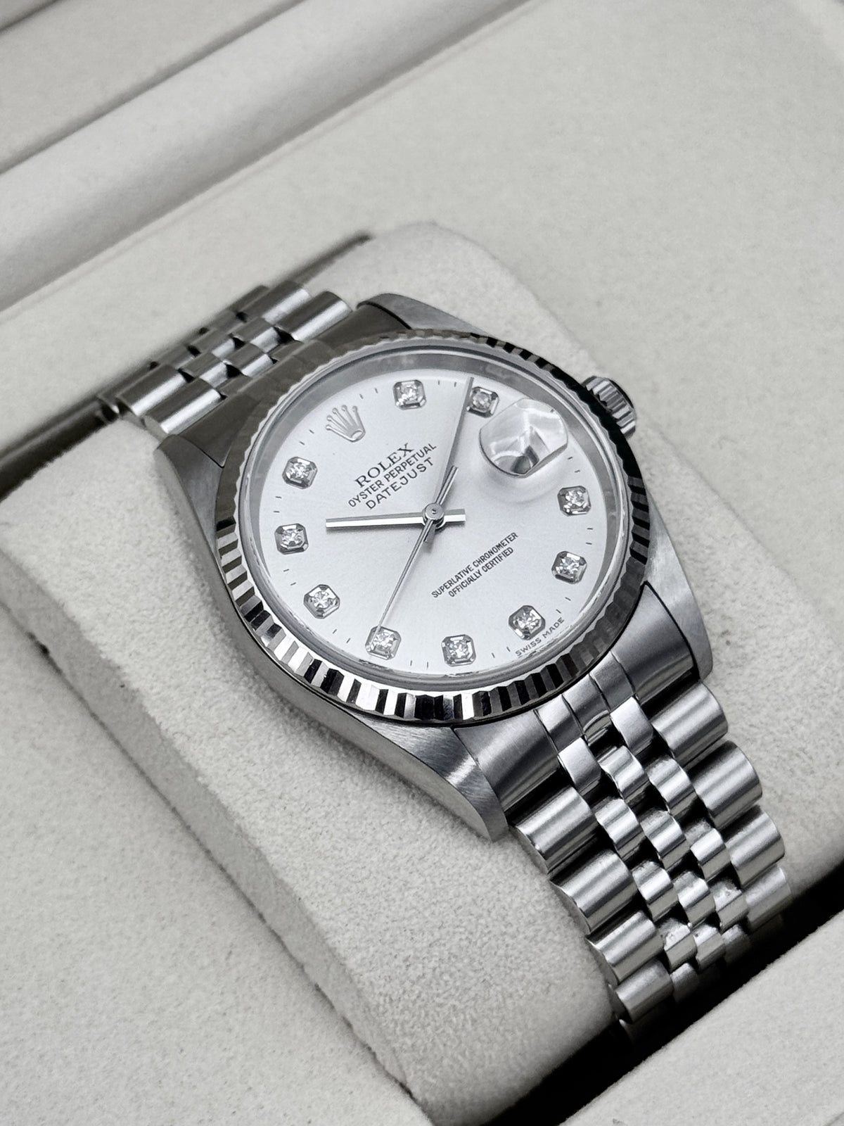 2004 Rolex Datejust 36mm 16234 Stainless Steel Jubilee Silver Diamond Dial (Collectors Set)