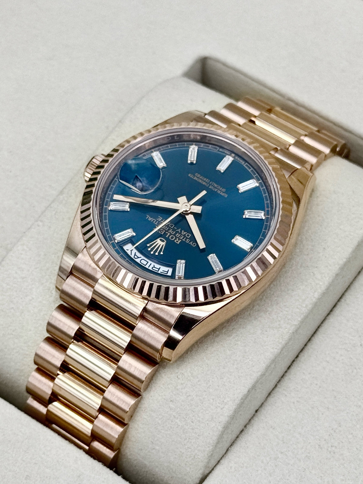 NEW 2026 Rolex Day-Date 36mm 128235 Presidential Rose Gold Blue Baguette Dial