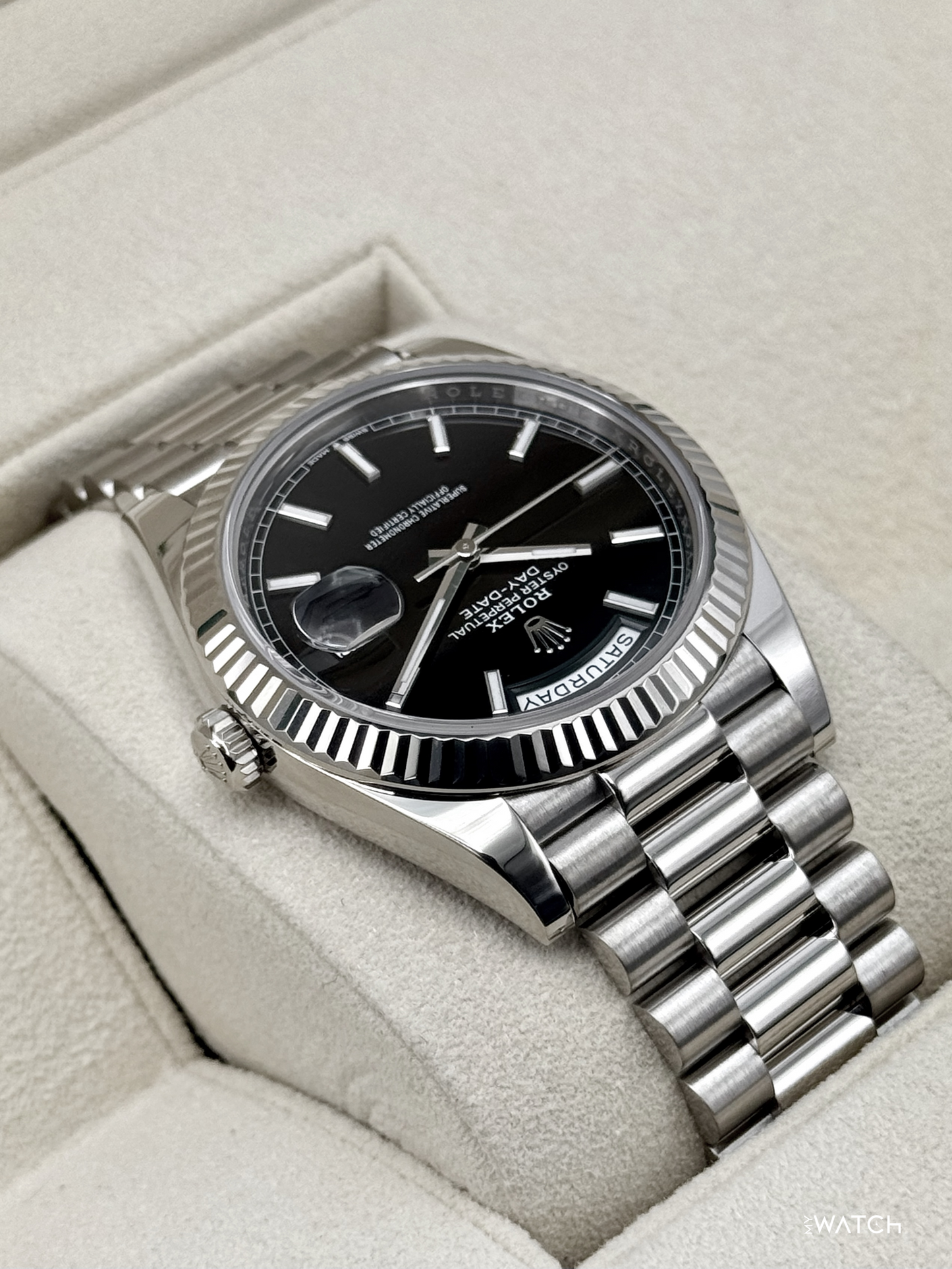 2025 Rolex Day-Date 40mm 228239 Presidential 18kt White Gold Black Dial - MyWatchLLC