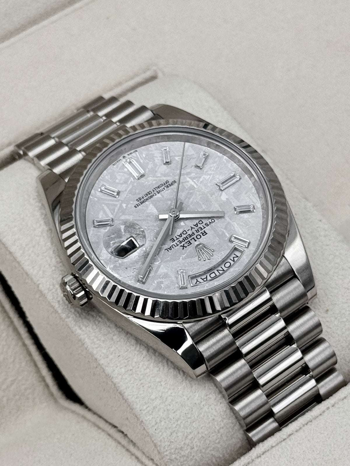 2023 Rolex Day-Date 40mm 228239 Presidential White Gold Meteorite Diamond Dial (CPO)