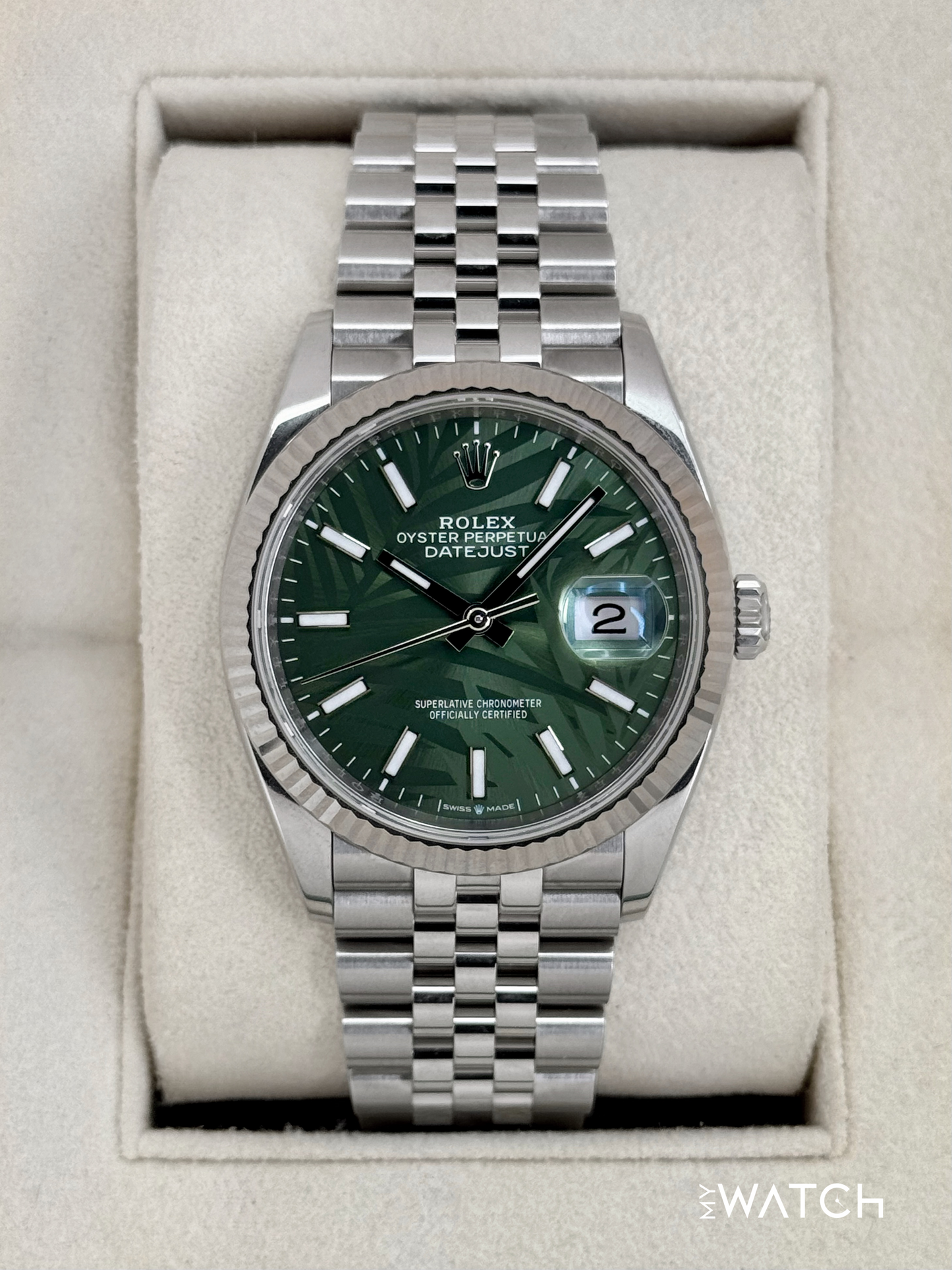 2023 Rolex Datejust 36mm 126234 Stainless Steel Jubilee Green Palm Motif Dial