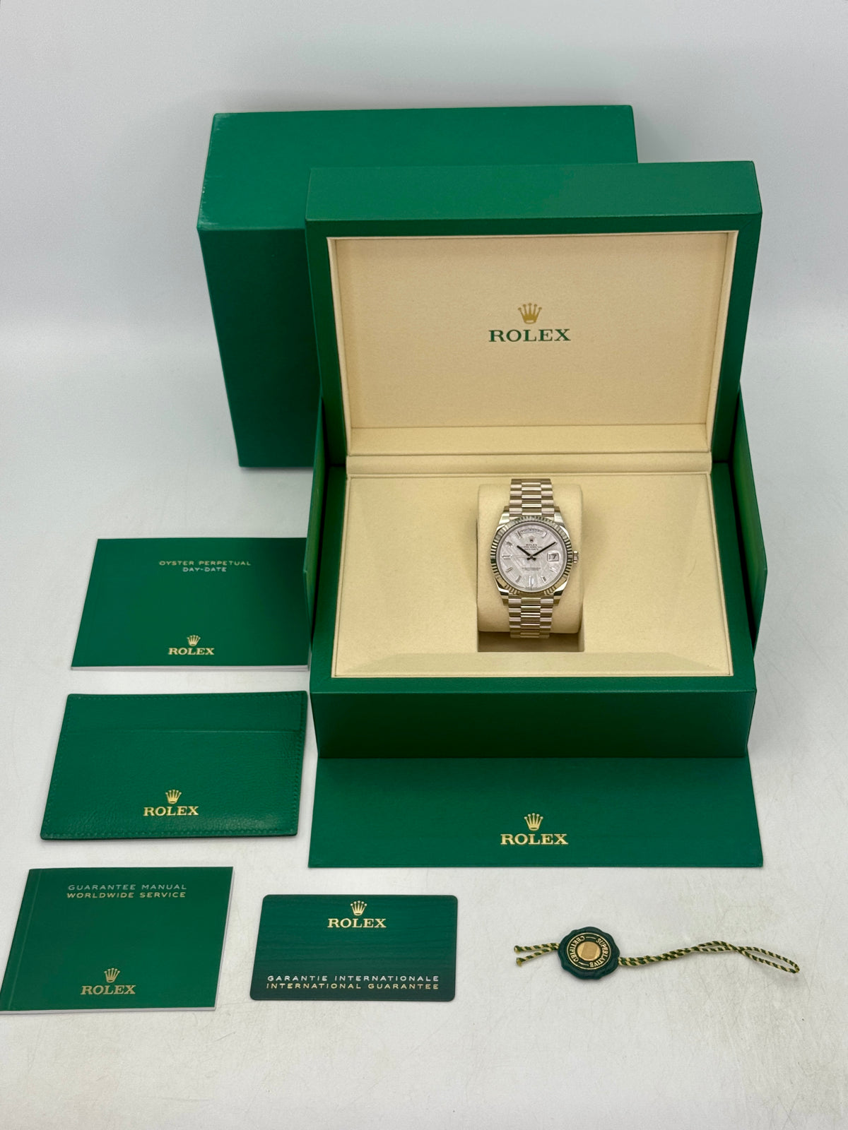 NEW 2026 Rolex Day-Date 40mm 228239 White Gold Meteorite Diamond Dial (NEW STYLE CARD)