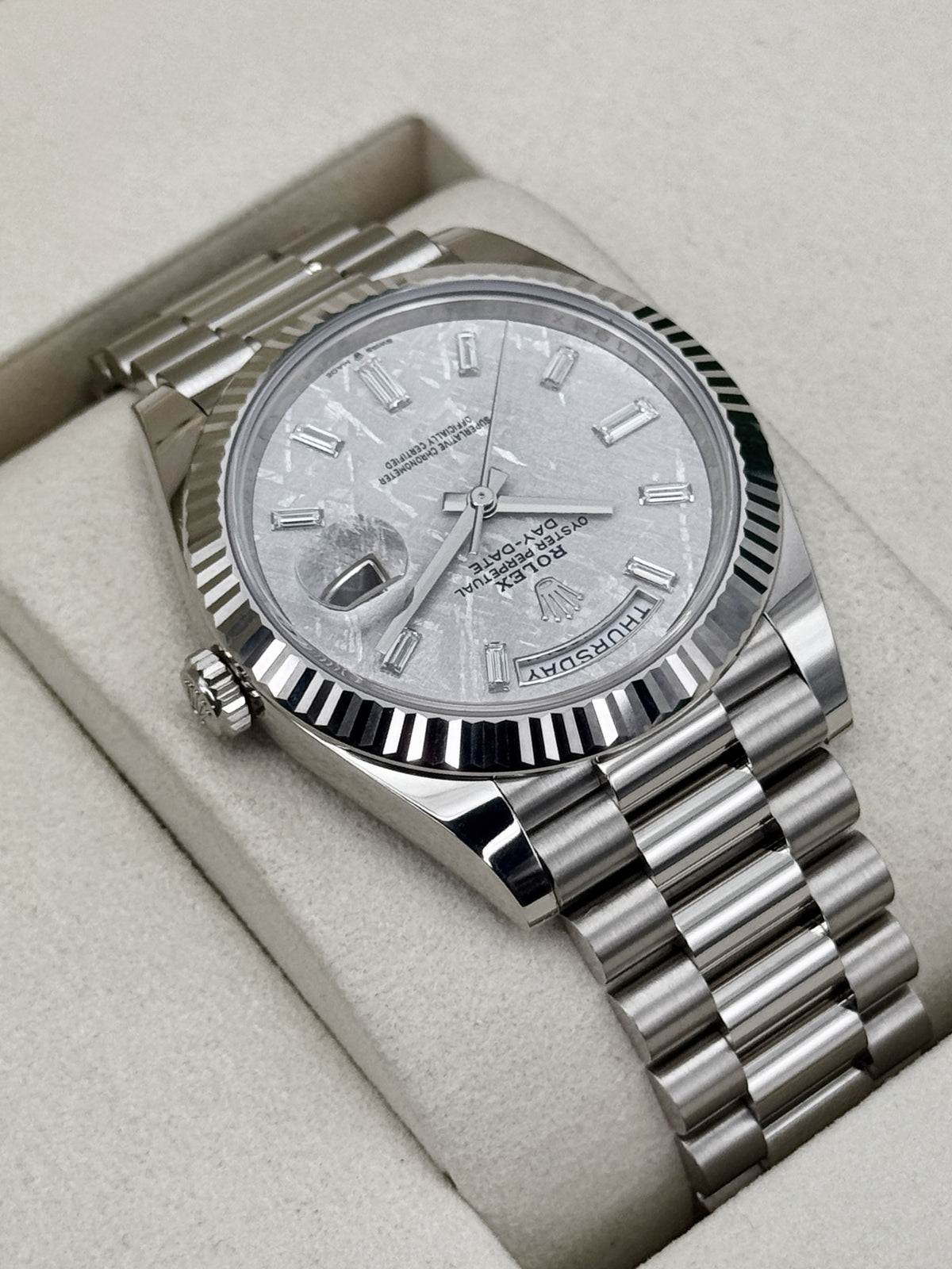 NEW 2026 Rolex Day-Date 40mm 228239 White Gold Meteorite Diamond Dial (NEW STYLE CARD)