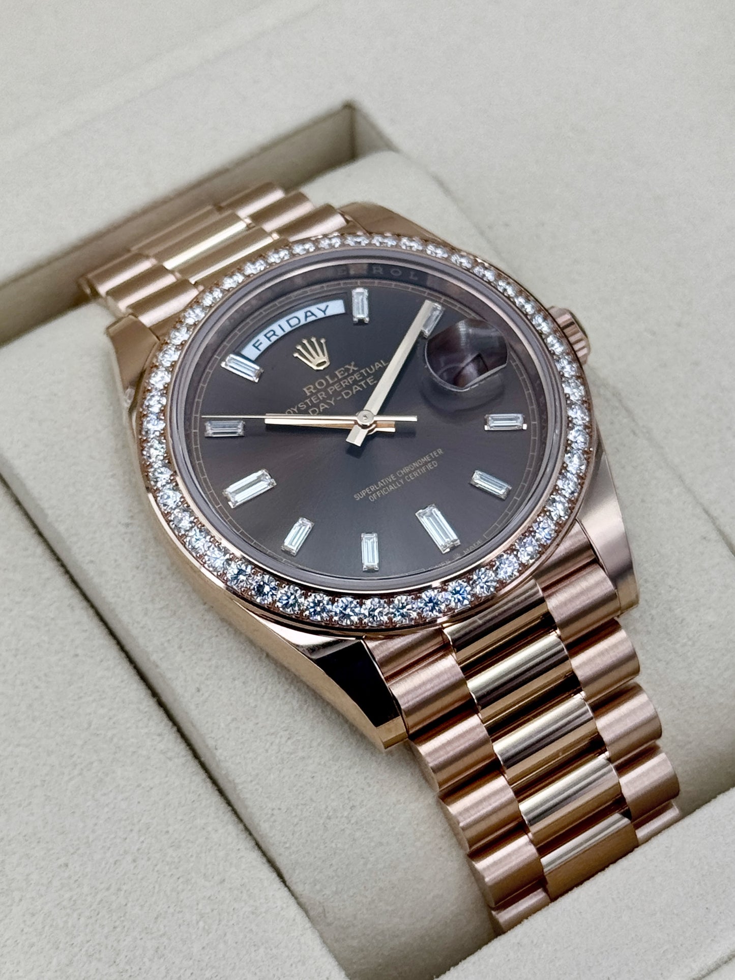 NEW 2026 Rolex Day-Date 40mm 228345RBR Rose Gold Chocolate Diamond Dial (NEW STYLE CARD and STICKERED)