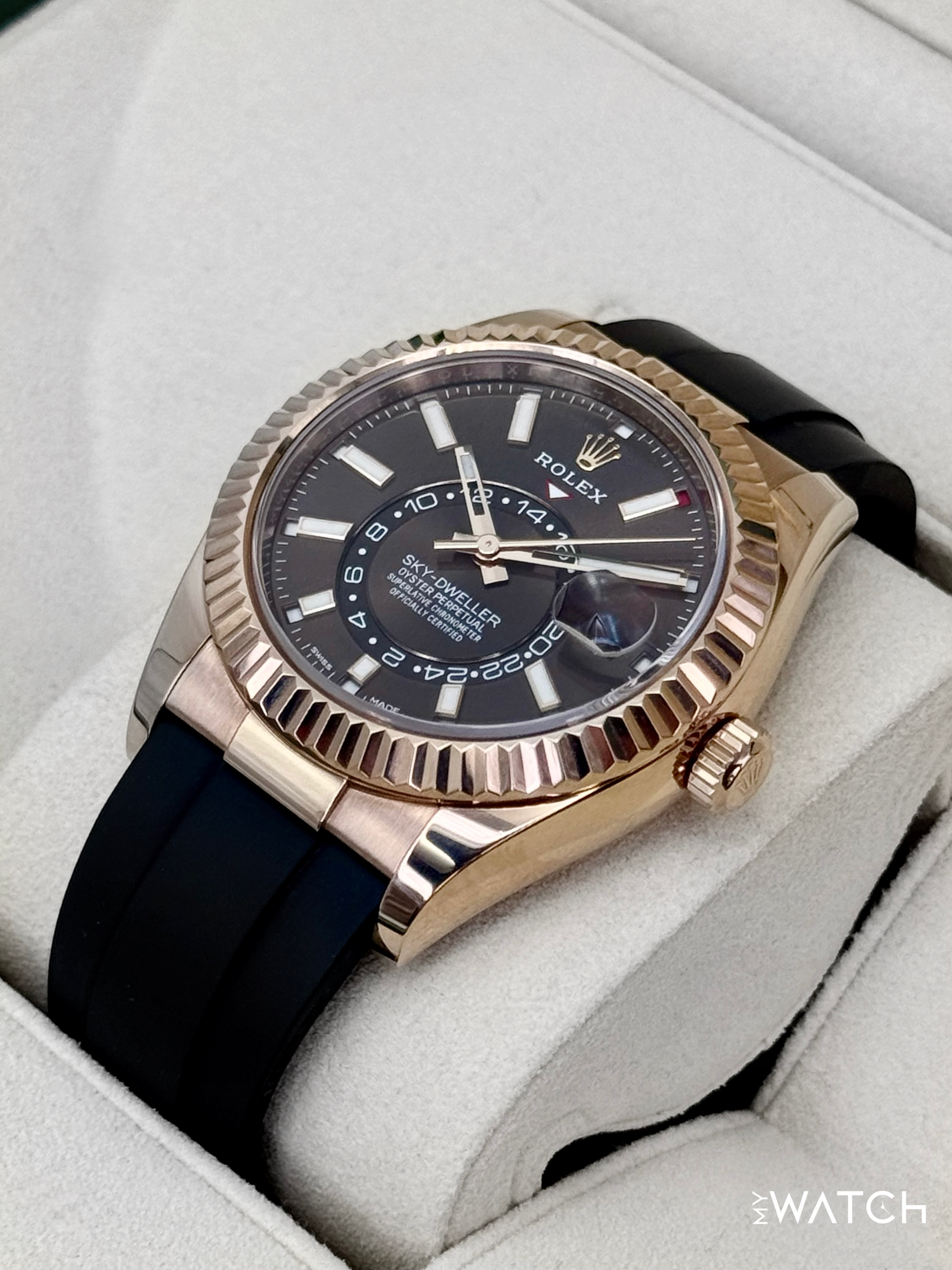 2025 CPO Rolex Sky-Dweller 42mm 326235 Rose Gold Oysterflex Chocolate Dial (CPO) - MyWatchLLC