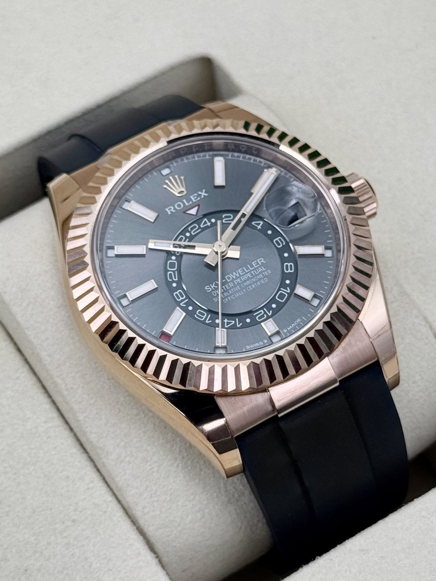 NEW 2026 Rolex Sky-Dweller 42mm 336235 Rose Gold Oysterflex Rhodium Dial - STICKERED
