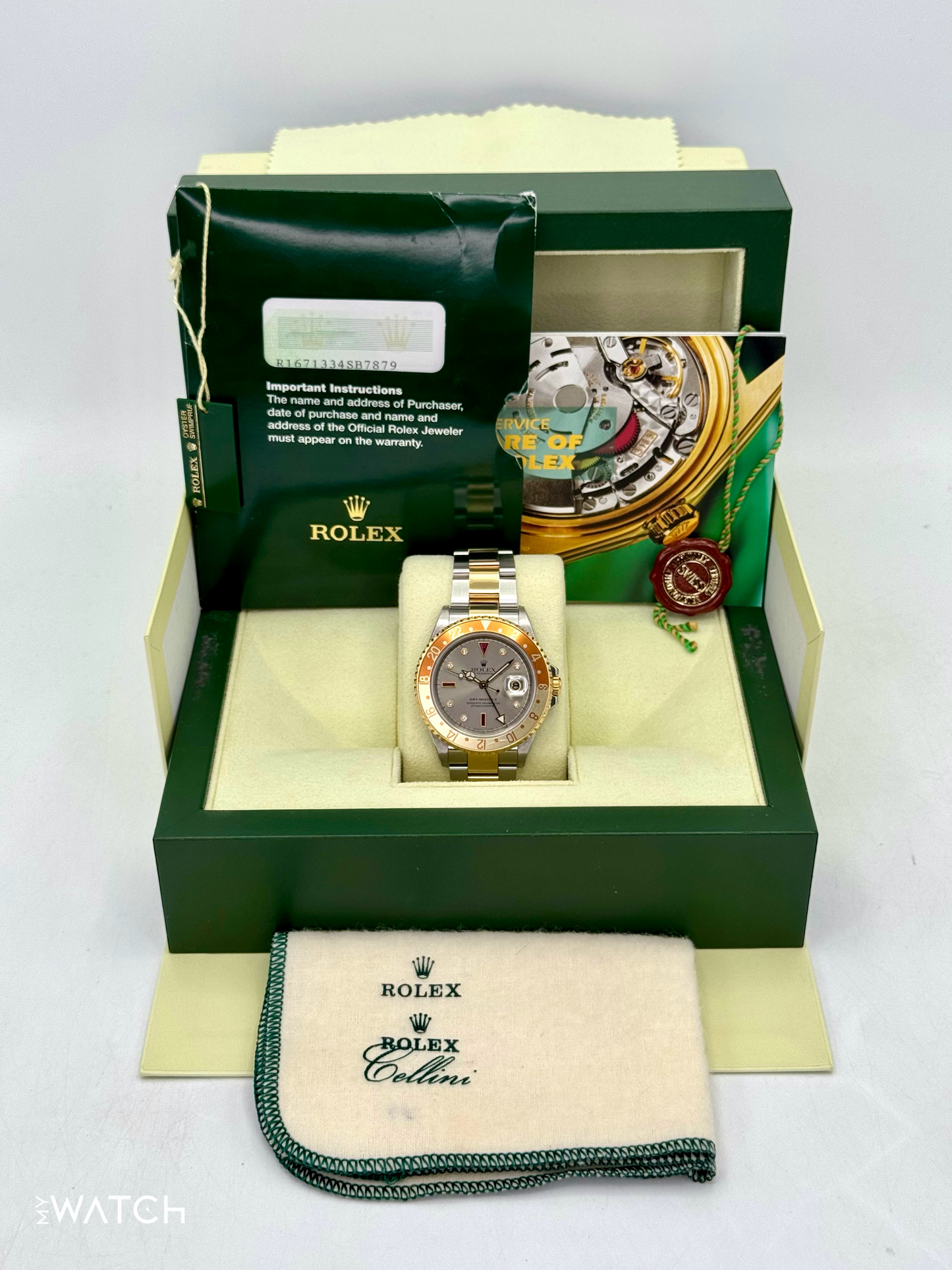 2007 Rolex GMT-Master II 40mm 16713 Slate Grey Serti Diamond Ruby Dial - MyWatchLLC