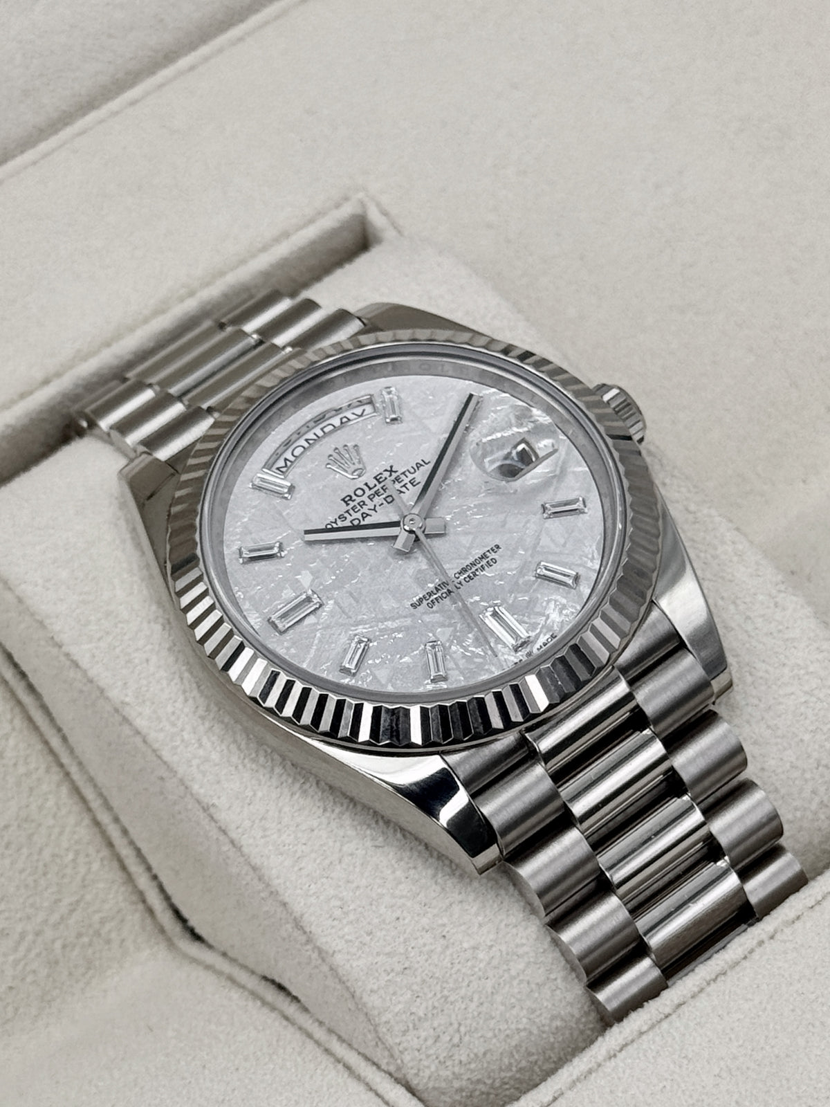 2023 Rolex Day-Date 40mm 228239 Presidential White Gold Meteorite Diamond Dial (CPO)