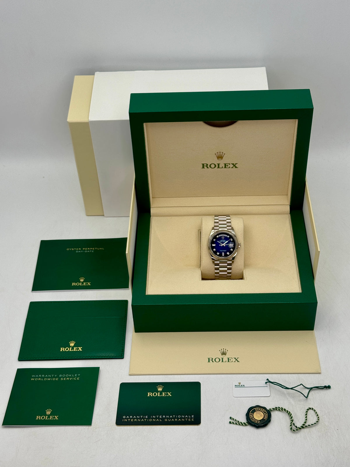 2024 Rolex Day-Date 36mm 128239 Presidential White Gold Blue Ombre Diamond Dial