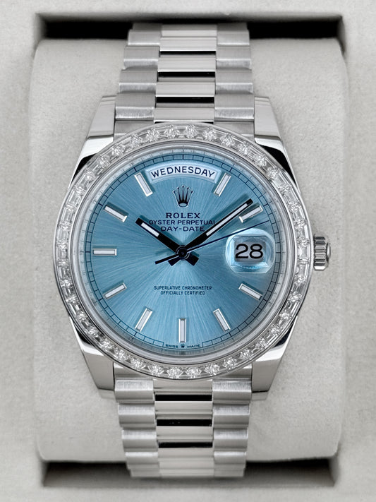 NEW 2025 Rolex Day-Date 40mm 228396TBR Platinum Diamond Bezel Ice Blue Dial