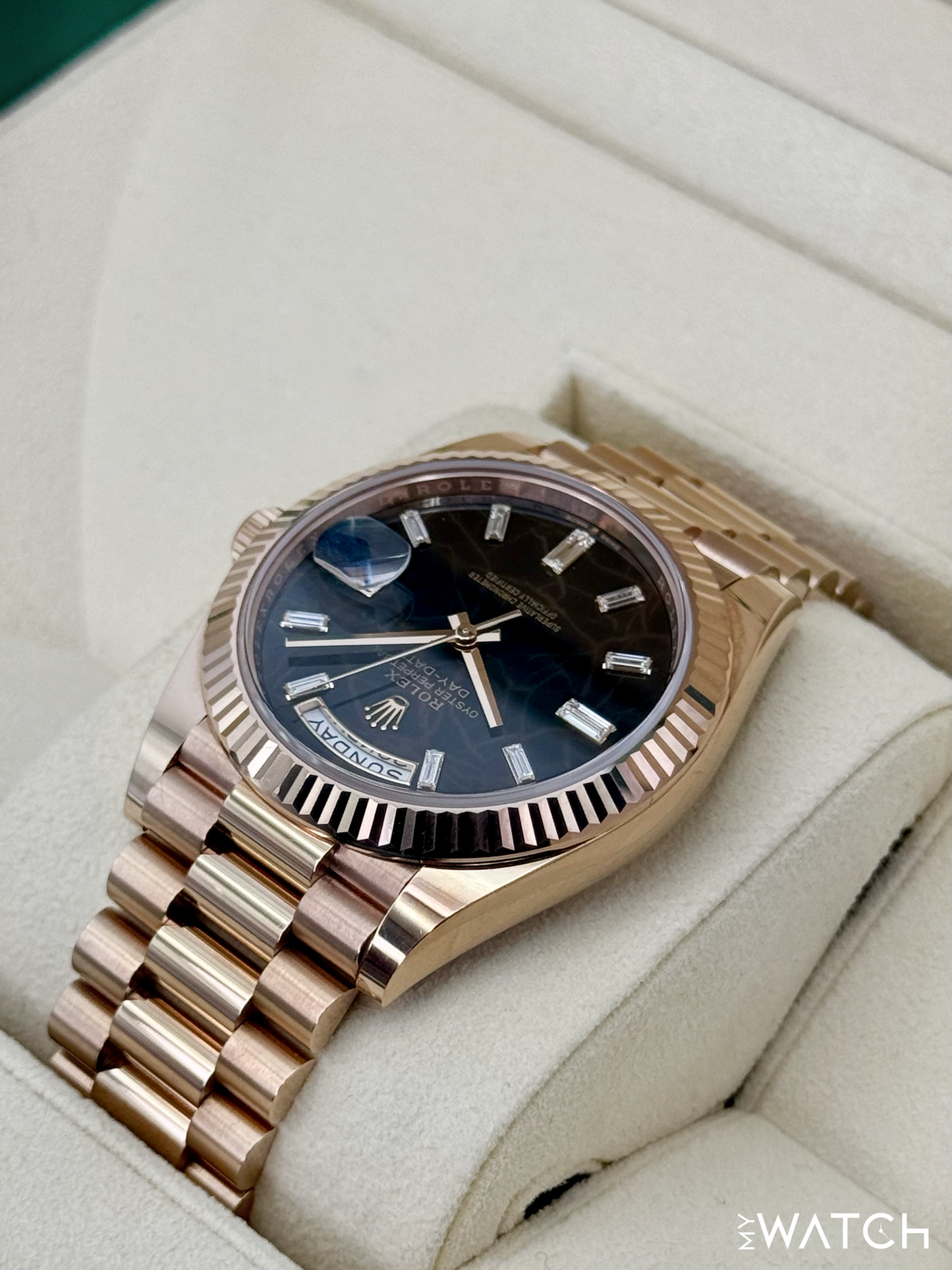 2023 Rolex Day-Date 40mm 228235 Rose Gold Eisenkiesal Baguette Dial