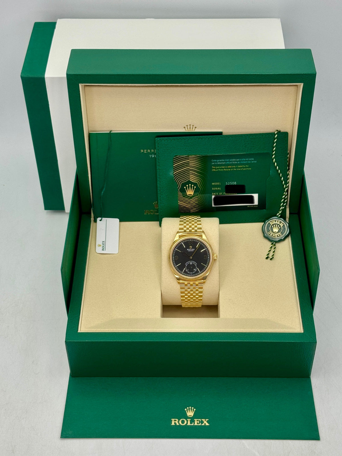 NEW 2026 Rolex 1908 39mm 52508 Yellow Gold Settimo Bracelet Black Dial